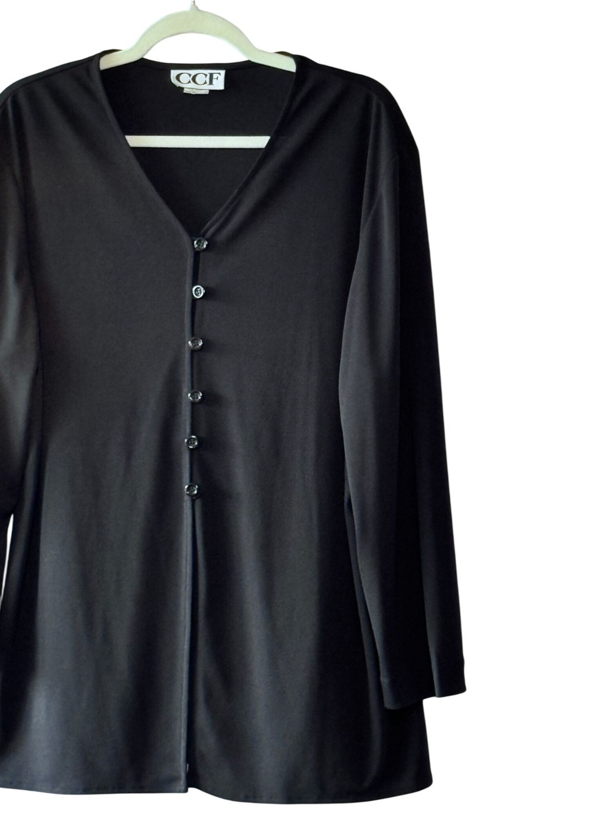 CCF Womens Vintage Longline Black Cardigan XL Stretchable Knit USA-Made