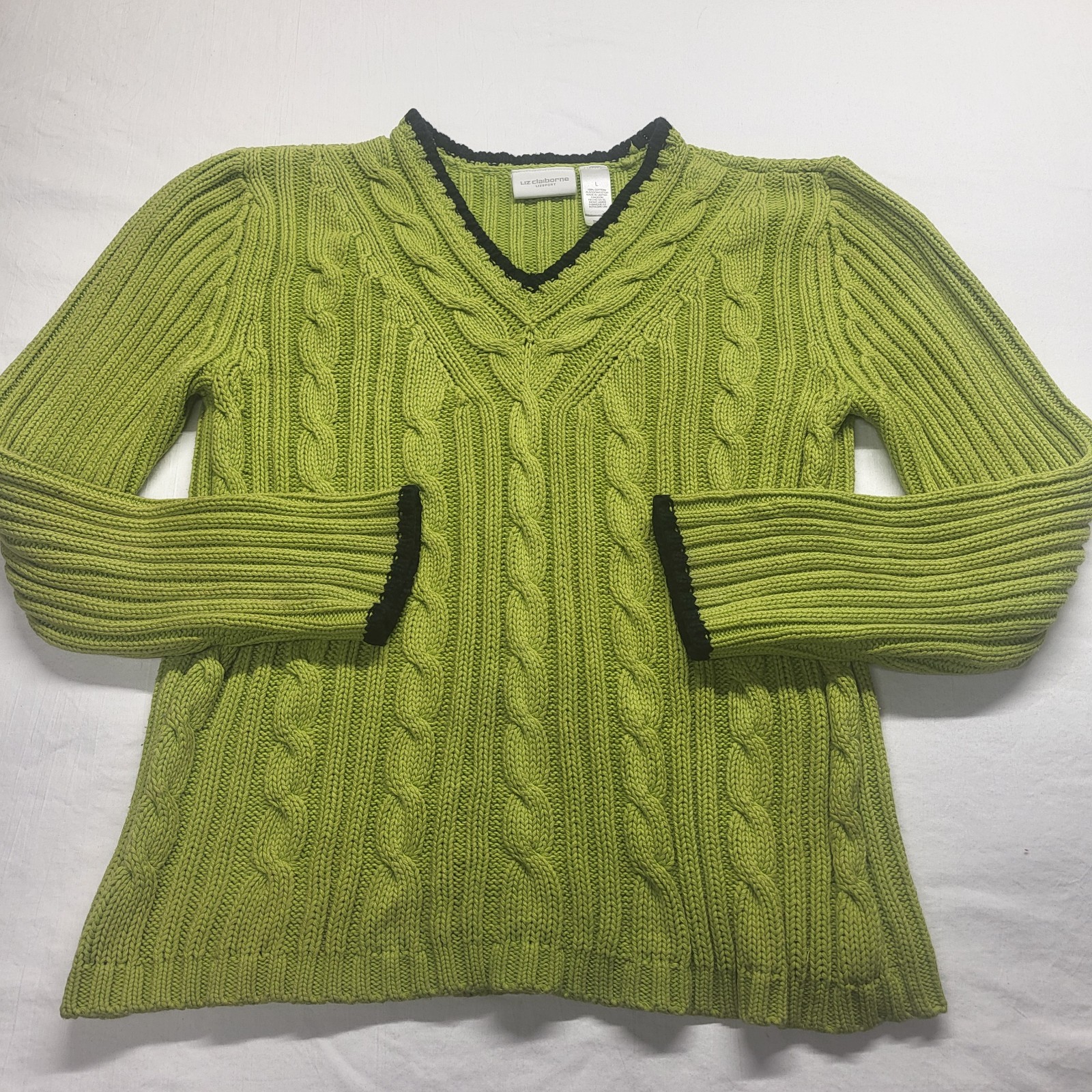 Vintage 90s Lizsport Cable Knit V-Neck Cricket Sweater Varsity LG Green Navy