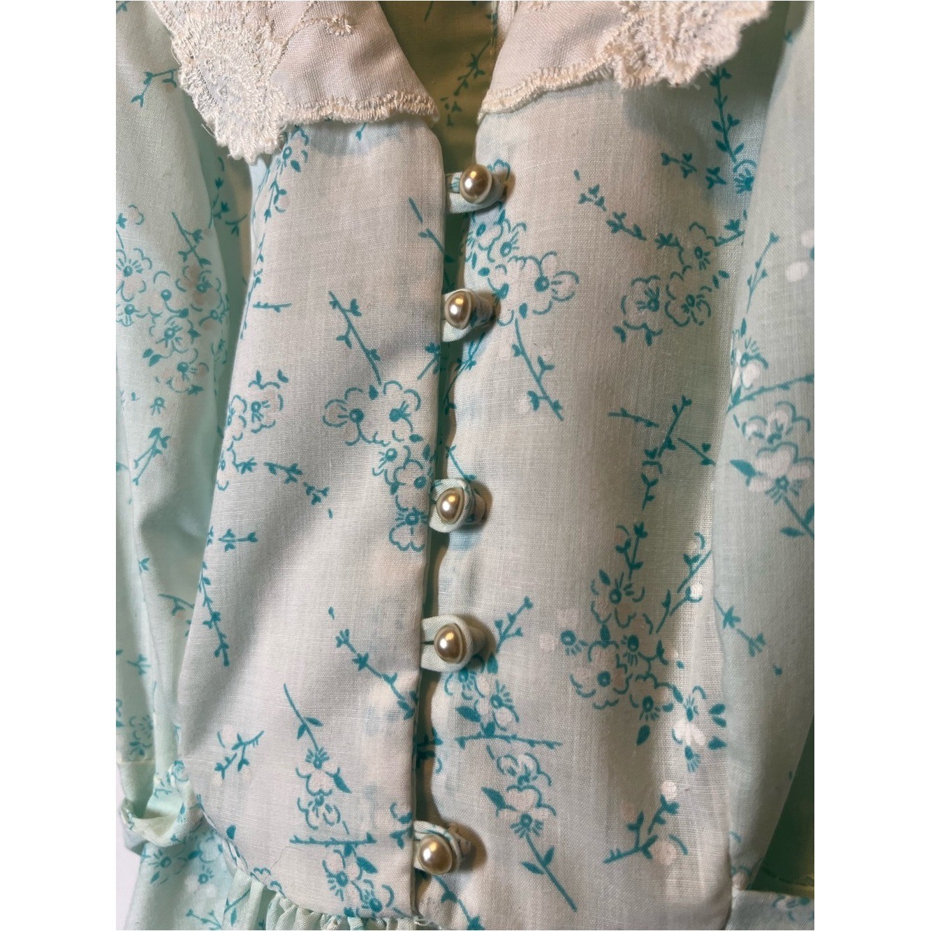 Vintage Prairie Blue Floral Lace Trim Tie-Back Midi Dress Cottage Feminine Sz 3