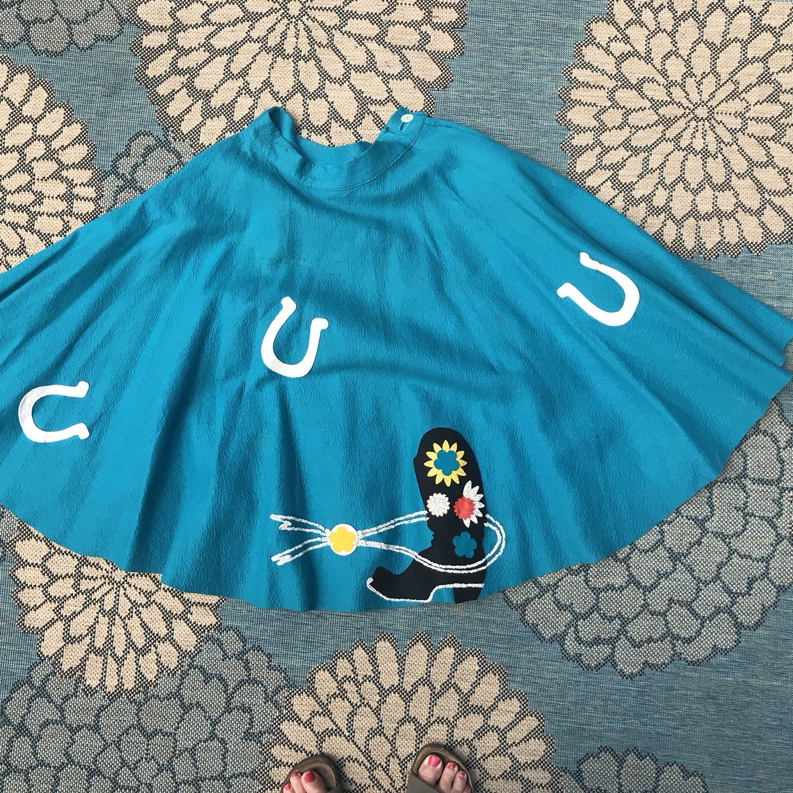 1950s Blue Felt Western Cowgirl Skirt Cowboy Boot Square Line Dance Circle XS S