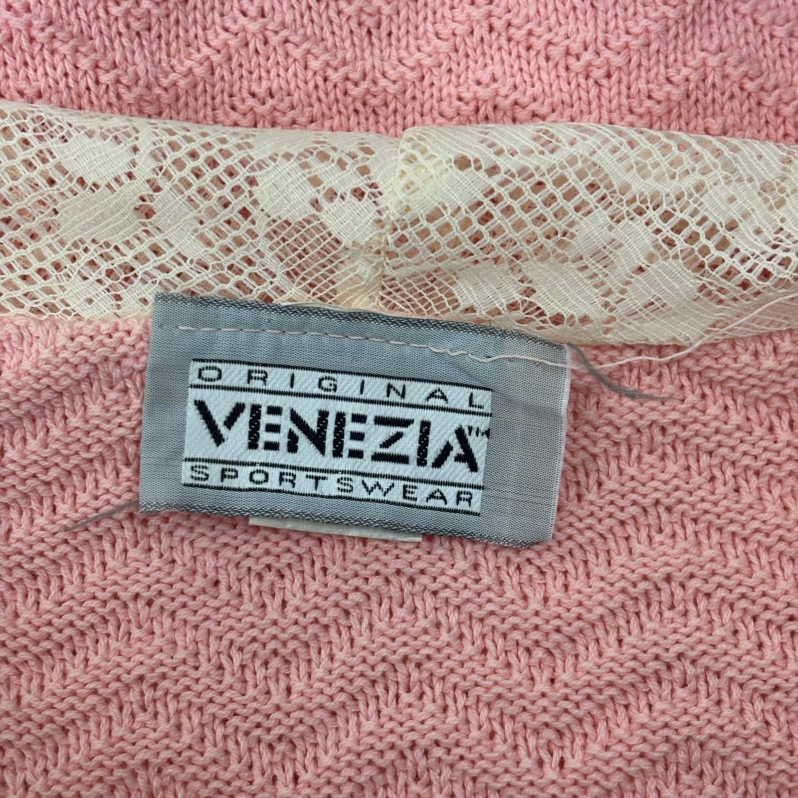 Vintage 80s Pink Sweater Womens Small Cream Lace Sailor Collar Romantic Knit Top