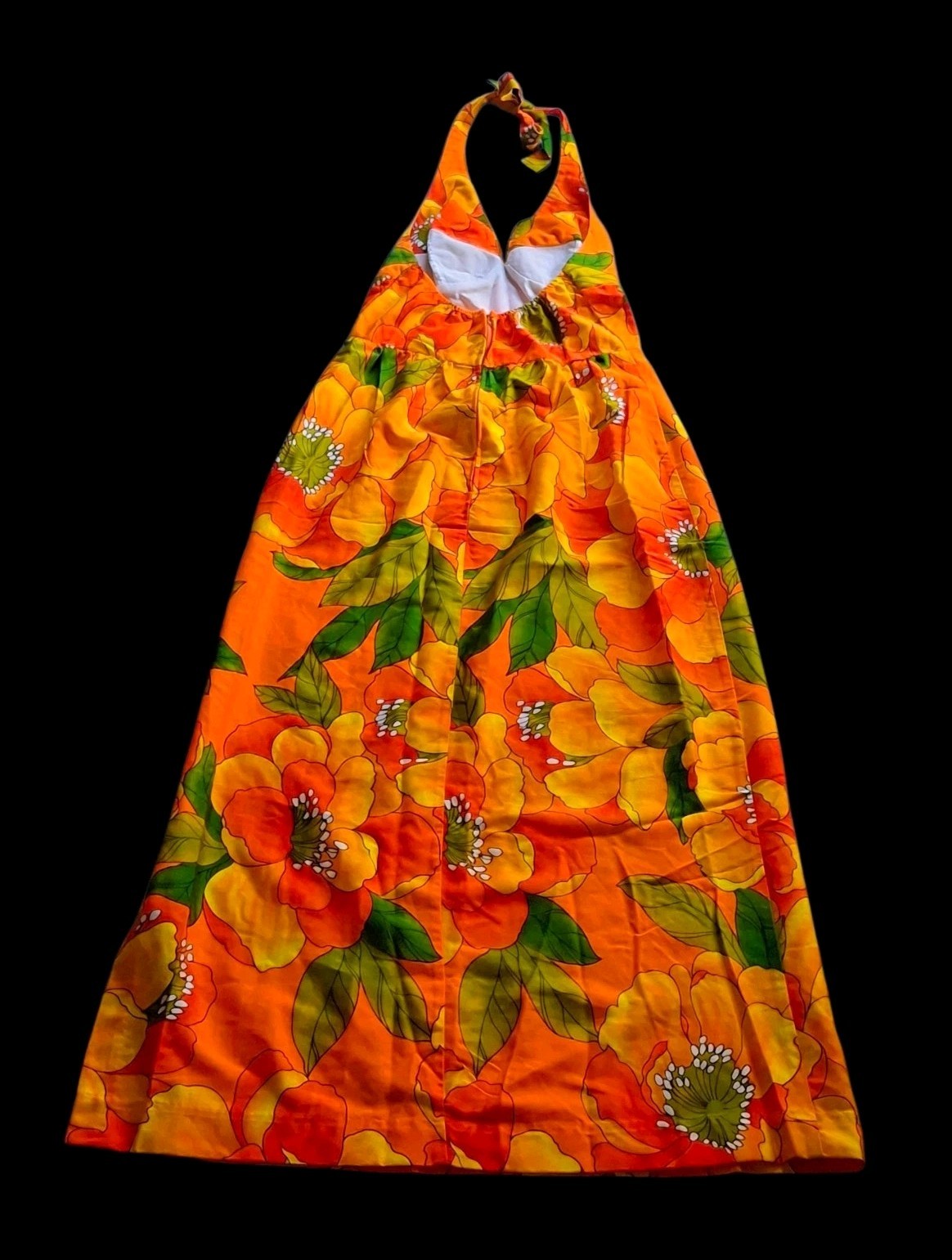 Vintage 1970s Sun Fashions of Hawaii Orange Tropical Floral Halter Maxi Dress |
