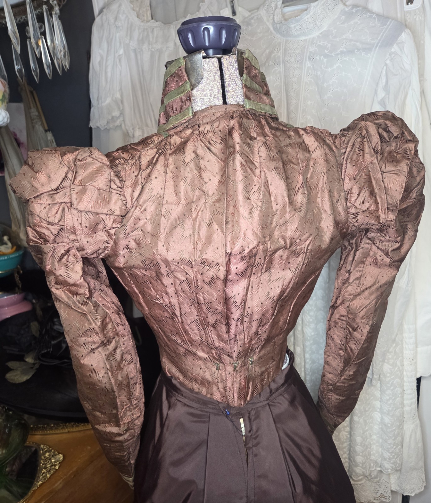 Victorian Copper Taffeta Print Bodice w/ Green Velvet Trim READ!