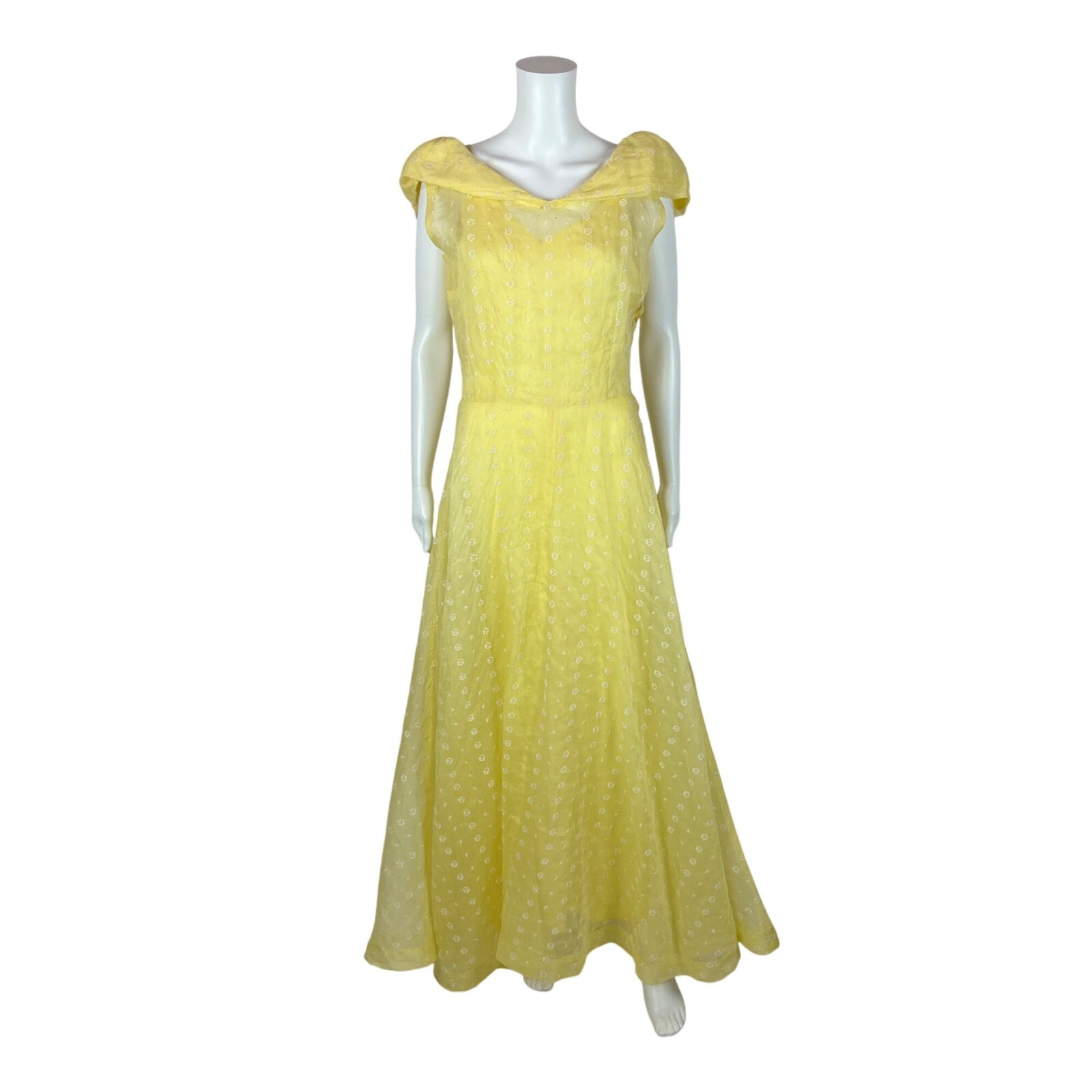 Vintage 30s Yellow Gown Women’s Medium Sheer Floral Embroidered Garden Party Dre