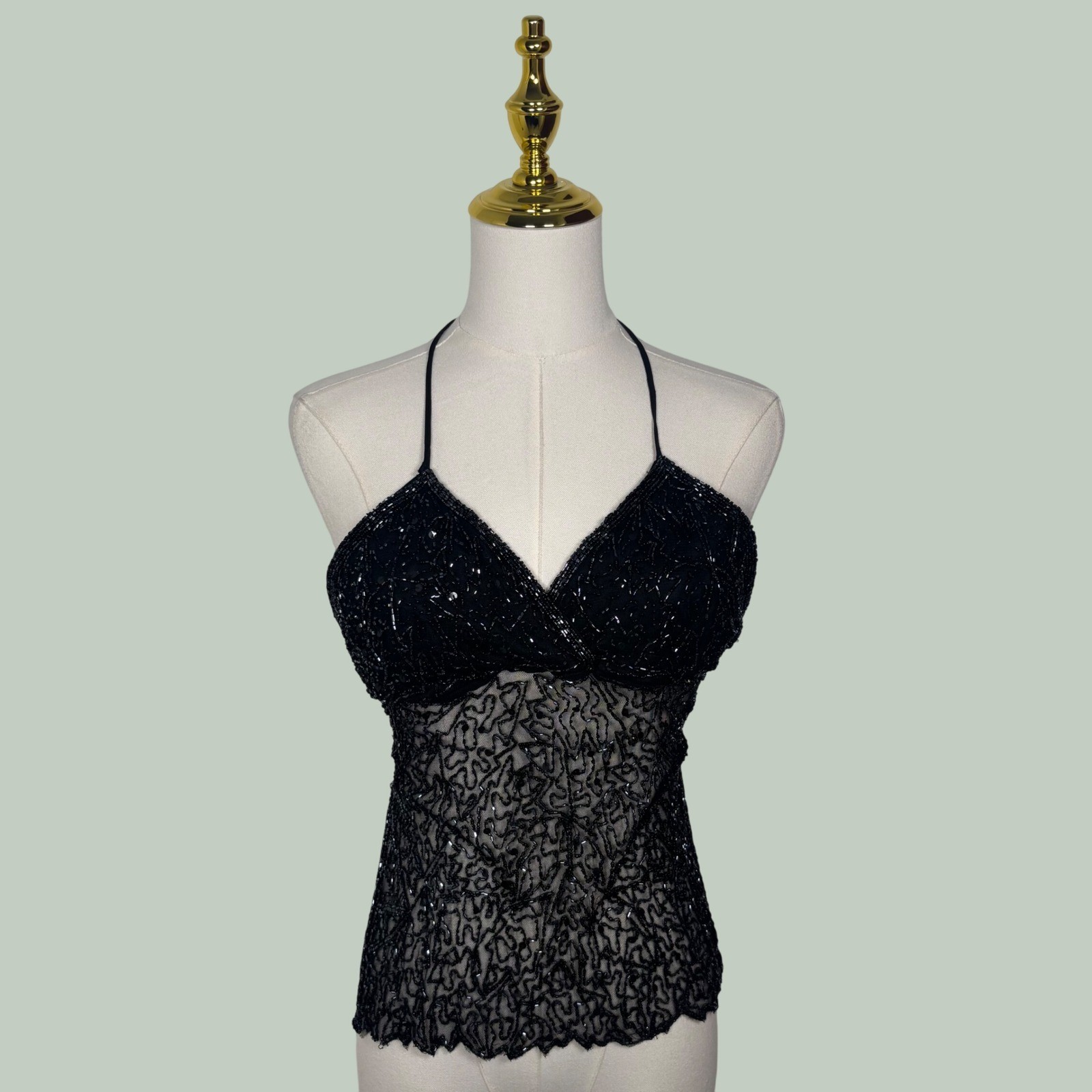 vintage late 90s passport Y2K black beaded sequin mesh top strap coquette goth
