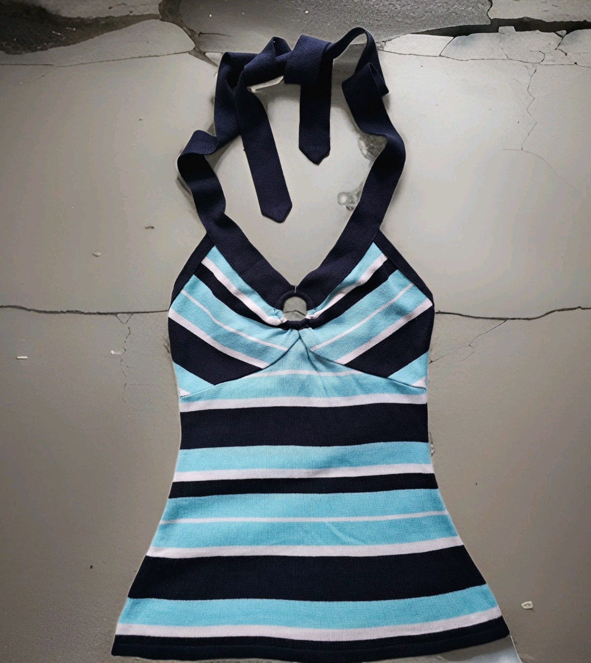 Soulmates Women’s Striped Knit Halter Tank Top Tie Stretch Blue White Vintage