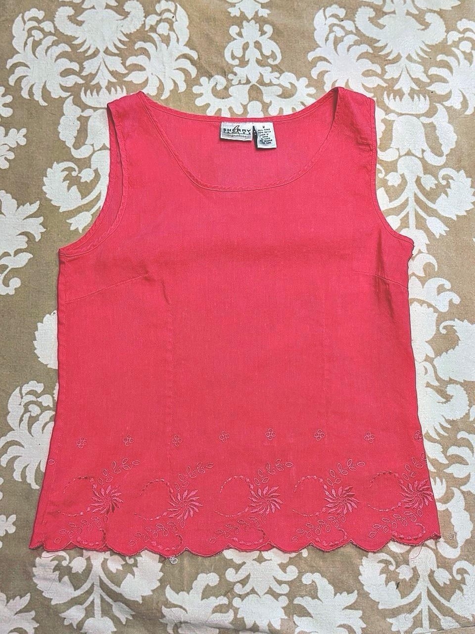 Vintage 90s Y2K Coral Pink Embroidered Scallop Hem Tank Top Shell Cottagecore S