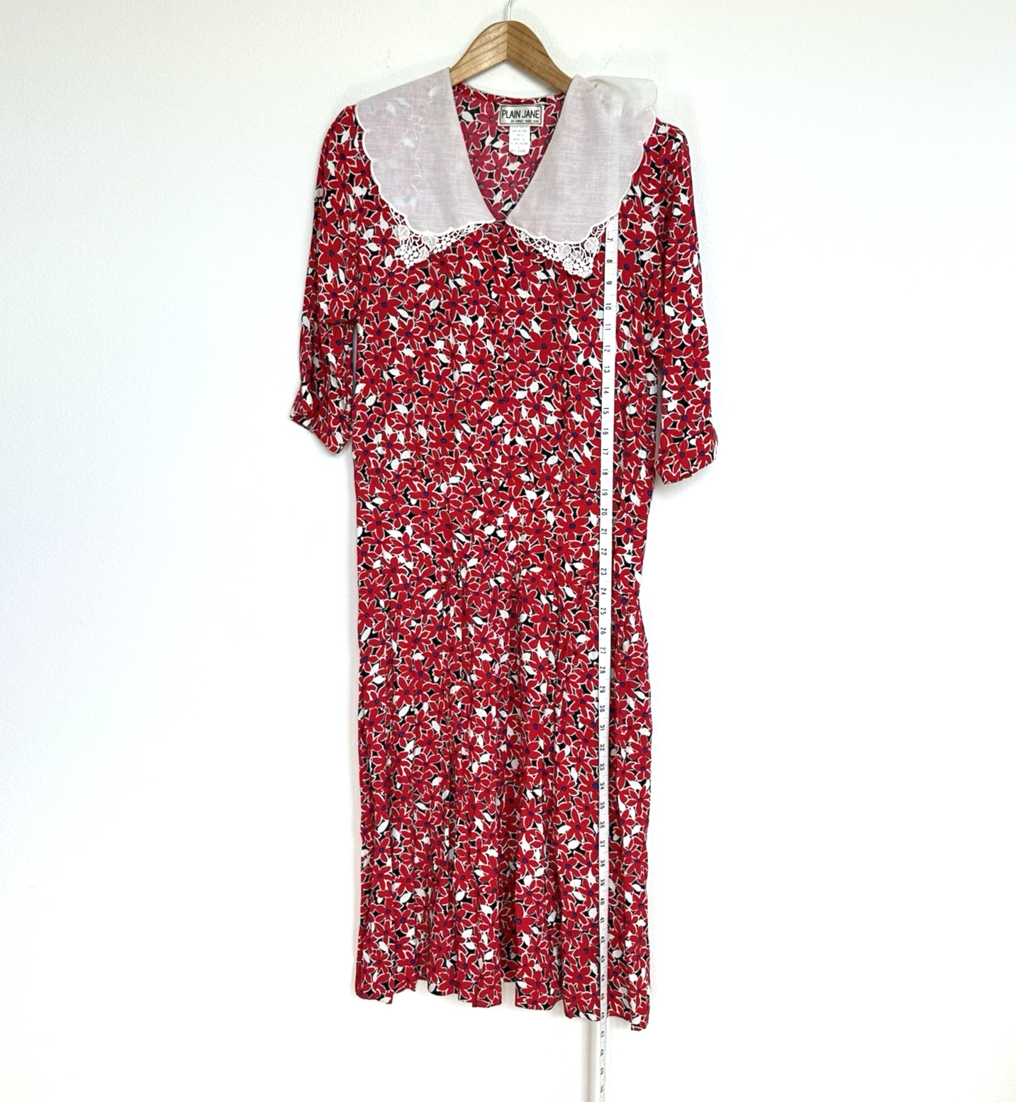 Vintage 90s Plain Jane Floral Fit & Flare Rayon Dress 9 Peter Pan Collar