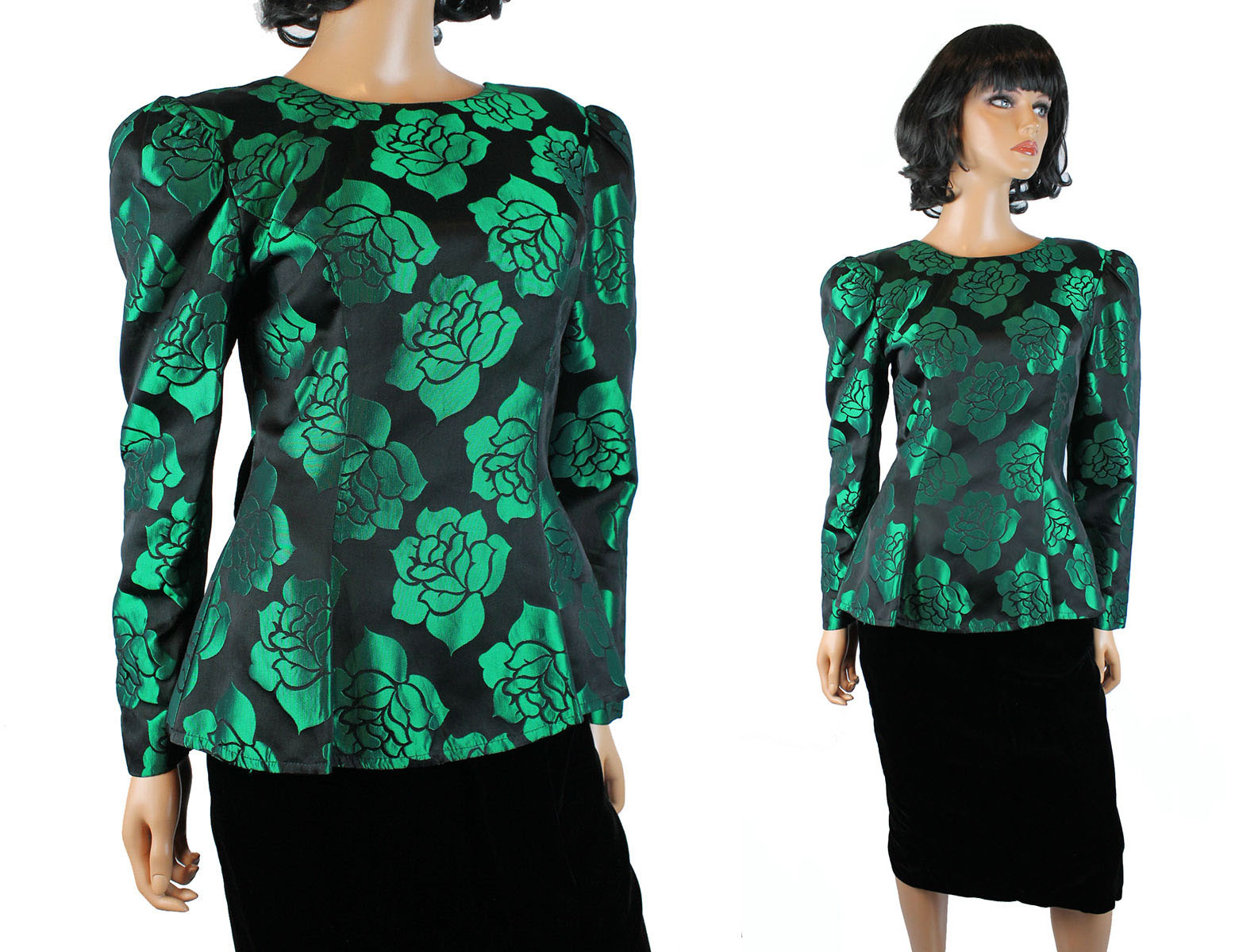 80s Prom Dress XS Black Green Satin Brocade Velvet Long Sleeve Cocktail Gown