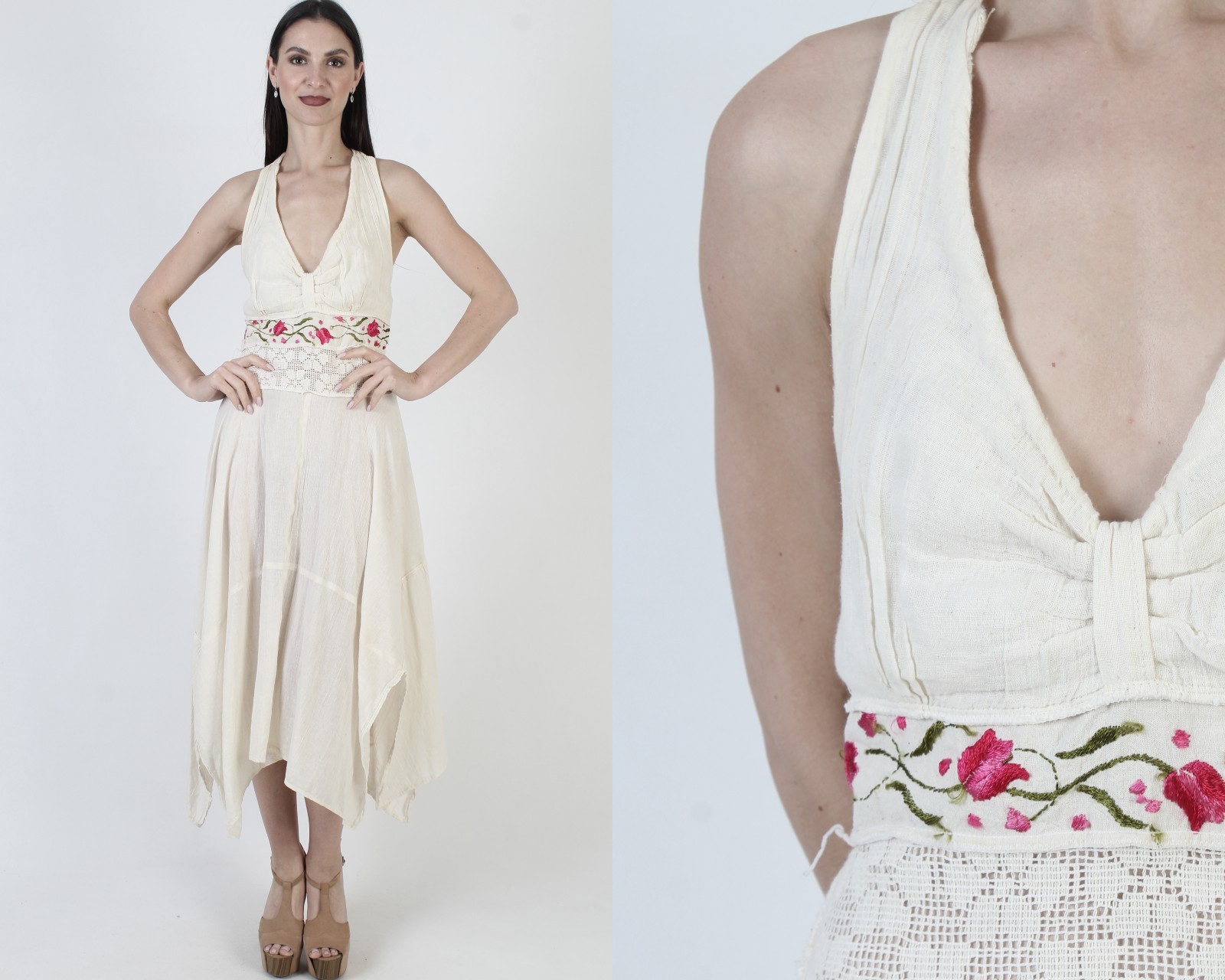 Cream Mexican Halter Dress Vtg Asymmetrical Hi Lo Ethnic Beach Summer Sundress