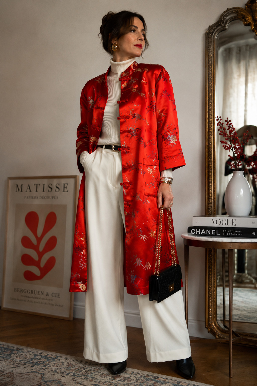 Vintage Kimono Silk Coat Red China Coat 70s Embroidery Silk Size 38 40 42