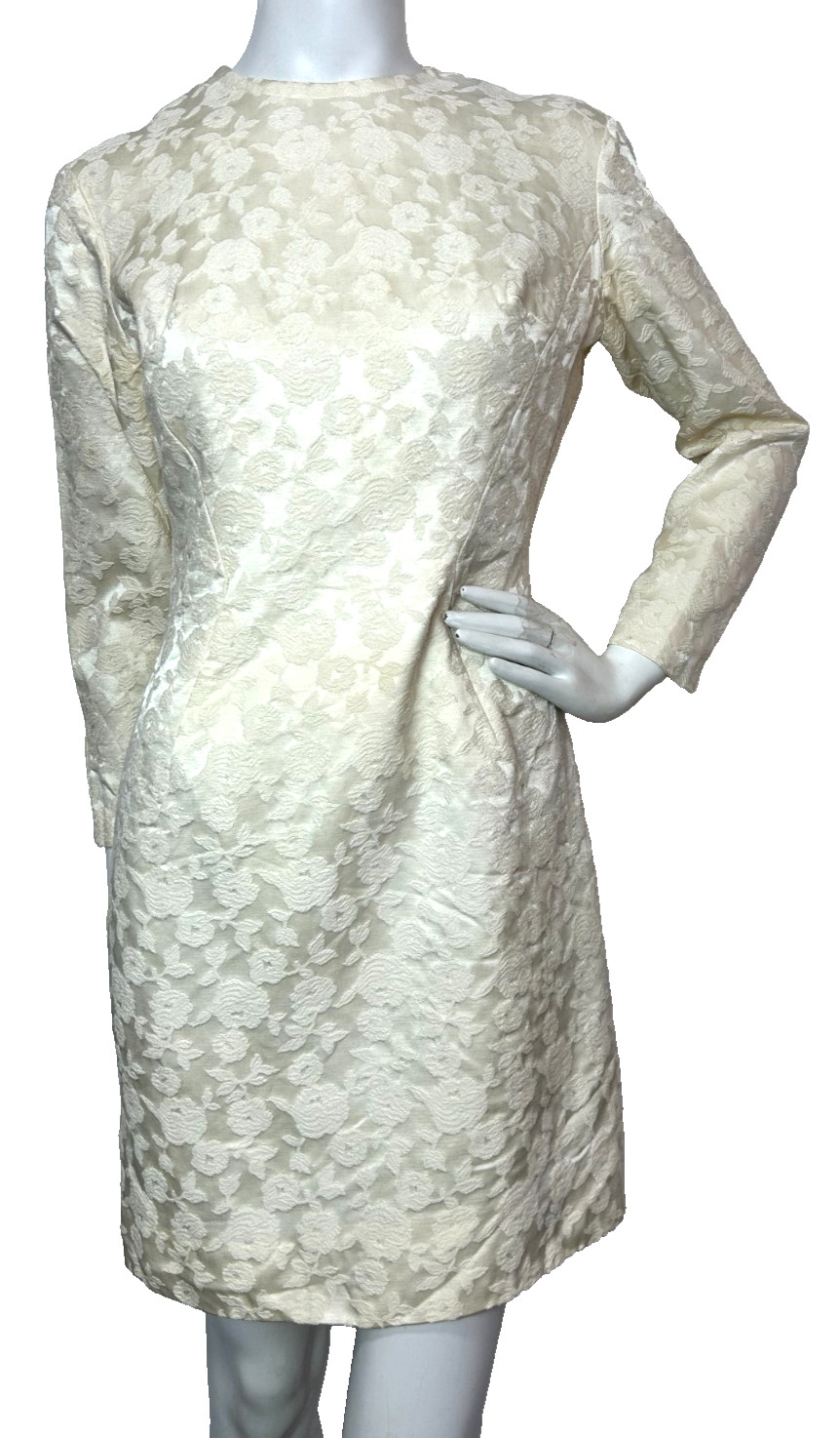 60’s Ivory Satin Brocade Wiggle Dress Size Small Zip Back Sleeve Damask Vintage