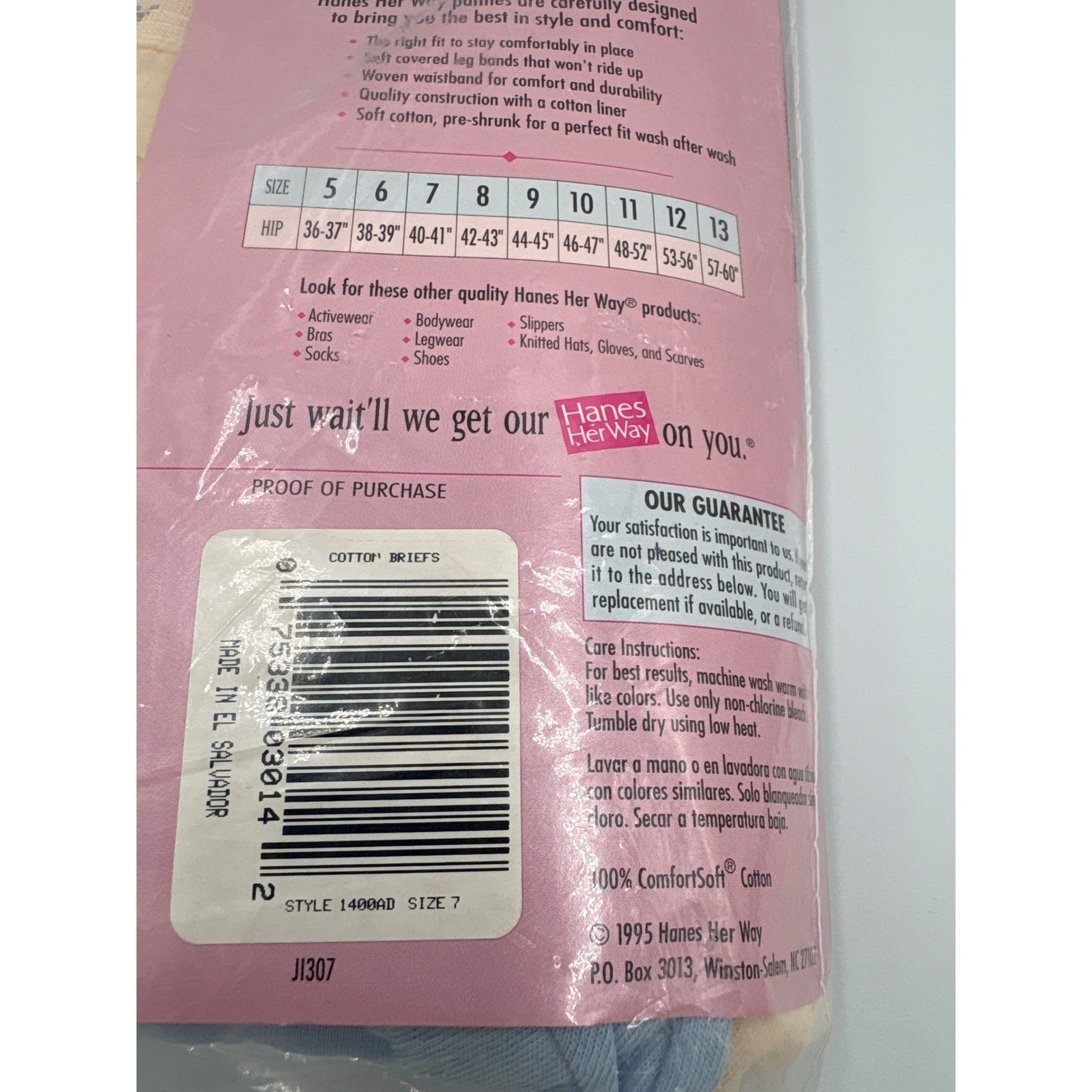 Vintage 1995 Hanes Her Way Cotton Briefs 3 Pack Size 7 Pink Peach Blue NOS 90s