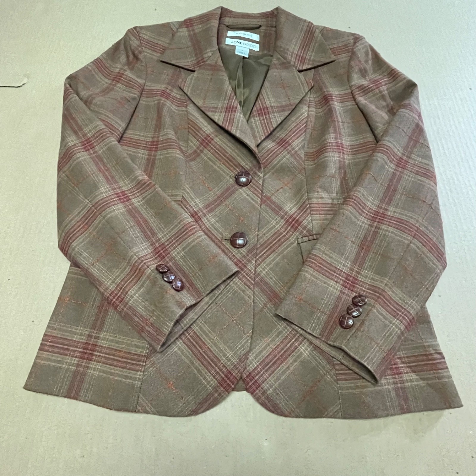 Vintage Jones & Co Plaid Tweed Blazer Jacket Size 6 Brown Red Martingale Belted