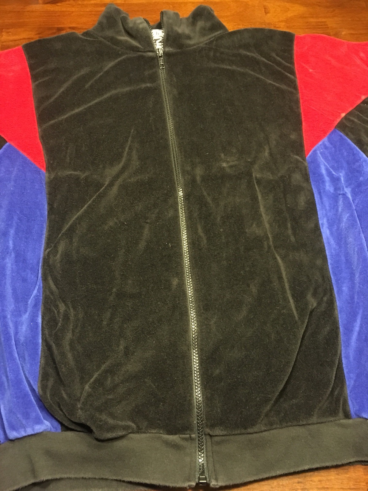 Vtg 90s SK Sport Velour Track Suit Black Blue Red Jacket Color Block Medium
