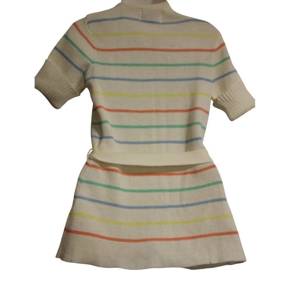 Vintage 1970s Knit Sweater Dress Belted Rainbow Stripe Short Sleeve SZ Med Retro