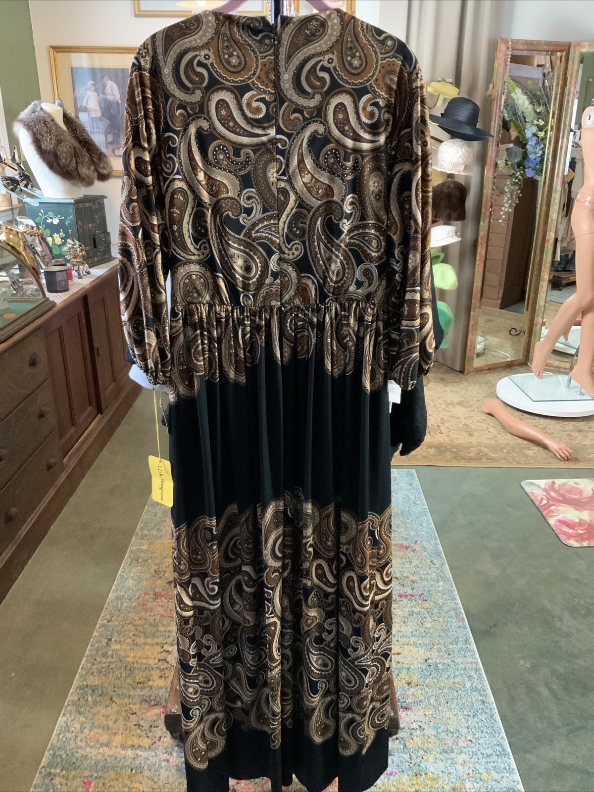 BNOS 1970s ADELE SIMPSON Brown Black Paisley Maxi Full Length Gown Sz 12 Bust 38