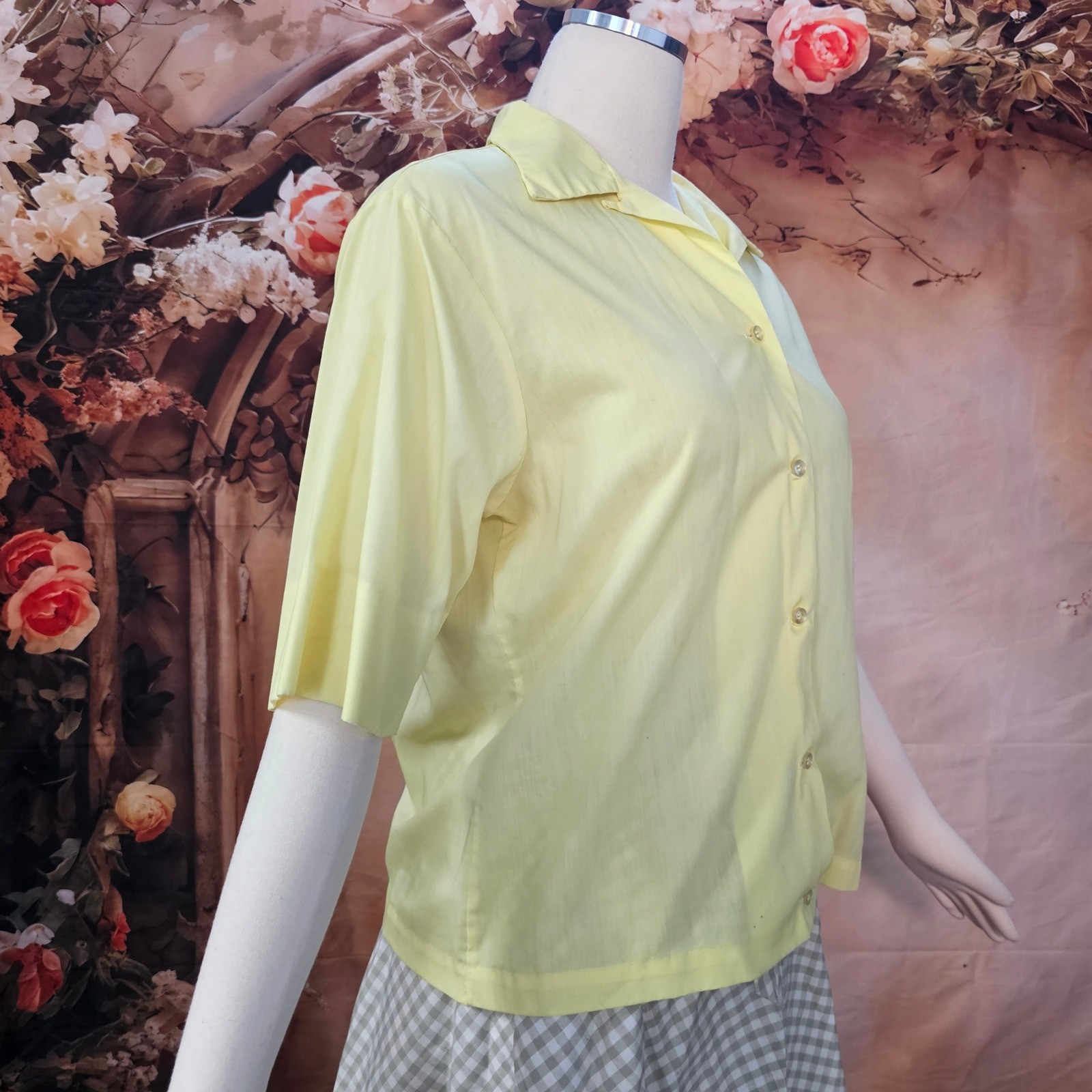 Vintage 1960s Yellow Button Down Blouse Short Sleeve Dacron Cotton Shirt Size 38