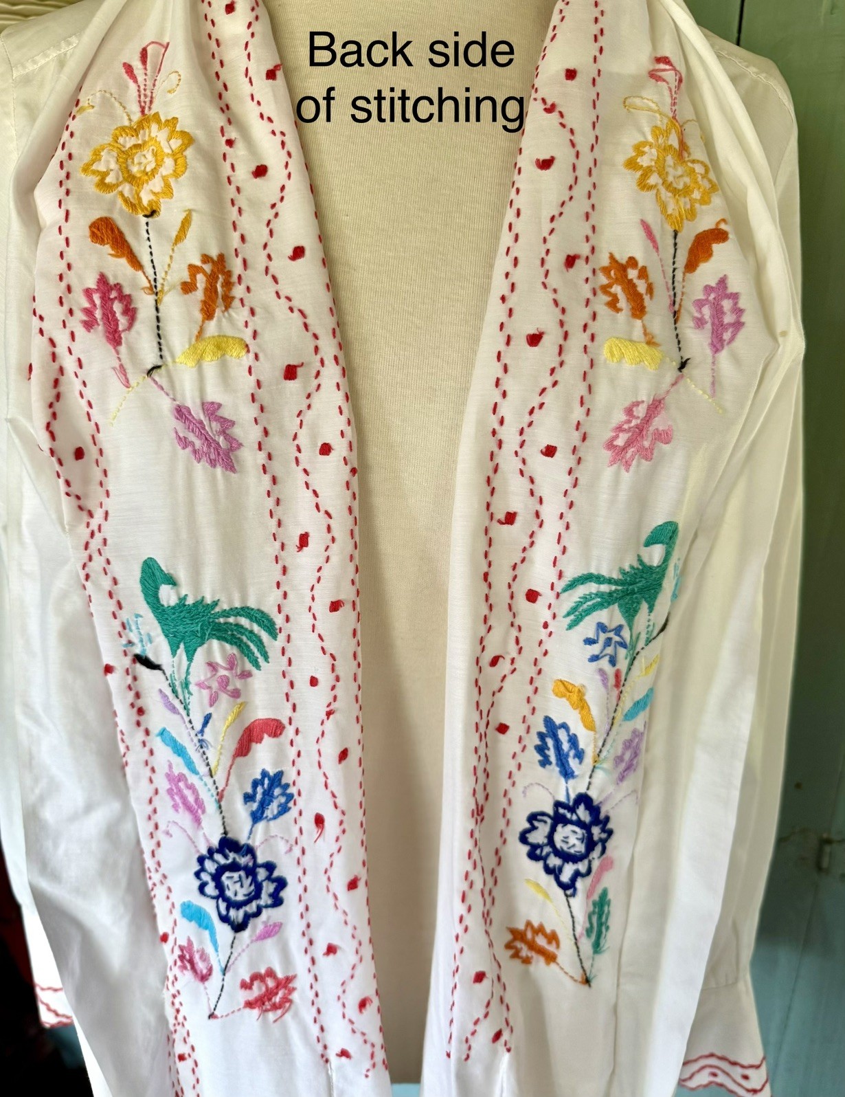 MINT 50s Cristina’s Boutique Mexican Tourist Shirt Hand Chain-Stitch Embroidery