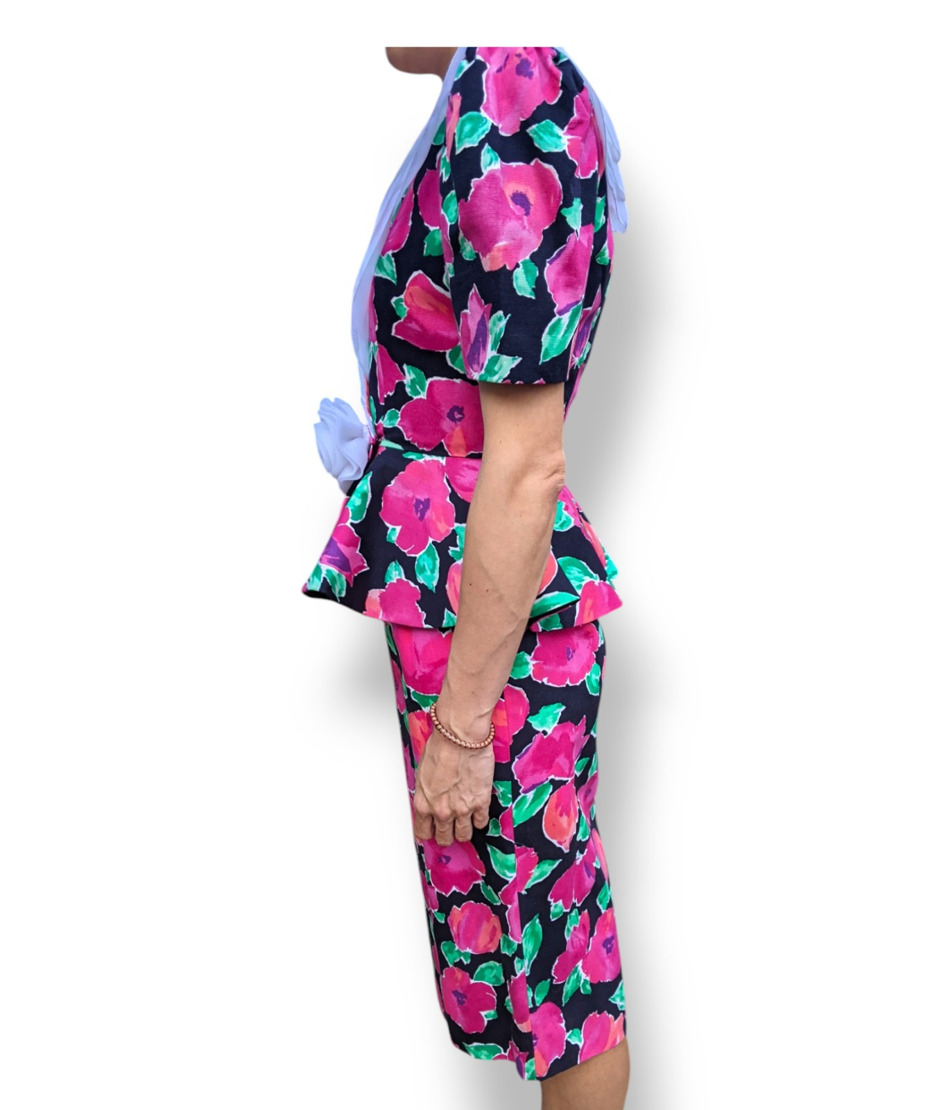 Vtg Leslie Fay 80s Peplum Jacket Top Chiffon Collar Rose Floral Easter Suit Sz 4