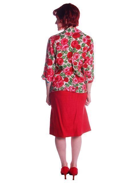 Vtg 50s Red Linen Skirt Printed Jacket Set Salon Lentheric John of California S