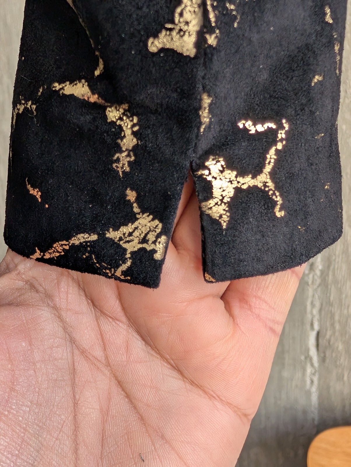 Vintage Vicky Tiel Black and Metallic Gold Suede Long Sleeve Jumpsuit France-XS