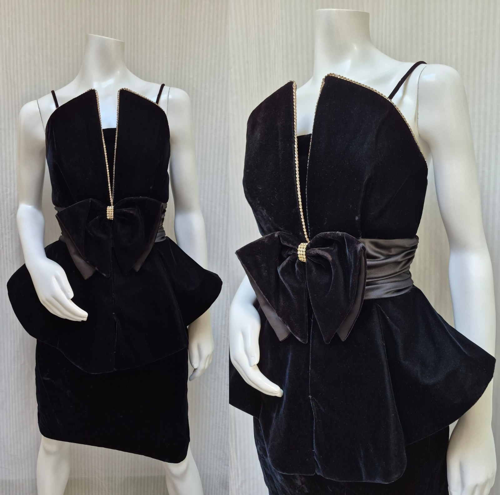 Vintage NIGHT WAY Black Velvet Peplum Cocktail Dress w/ Rhinestones – Size M