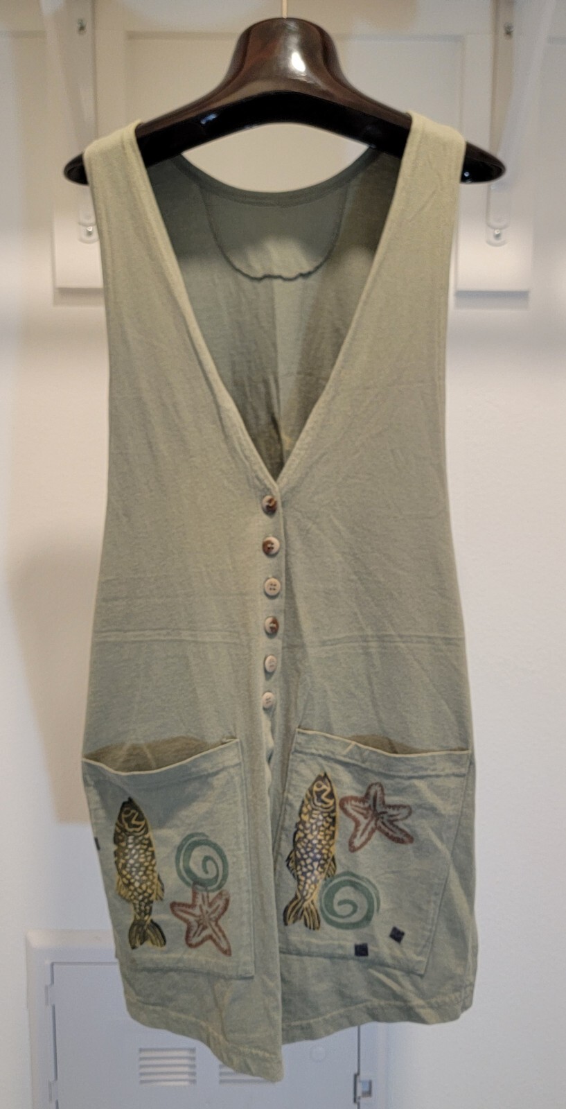 Vintage 1994 BLUE FISH Lagenlook Midlayer Green Sleeveless Pocketed Button Vest