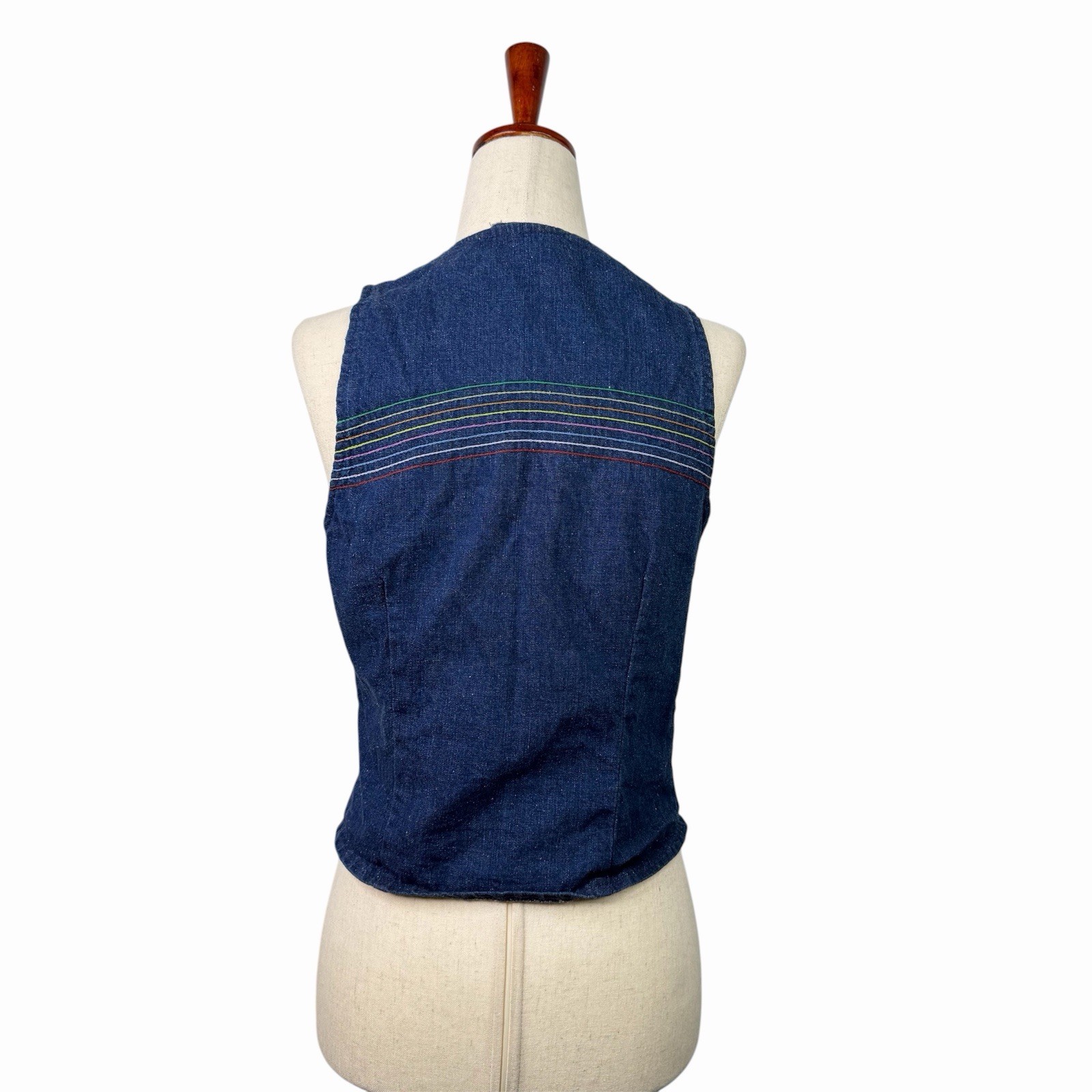 VTG Plush Bottom 70’s Denim Jean Vest Hippie Indie Boho Rainbow Embroidered S/M