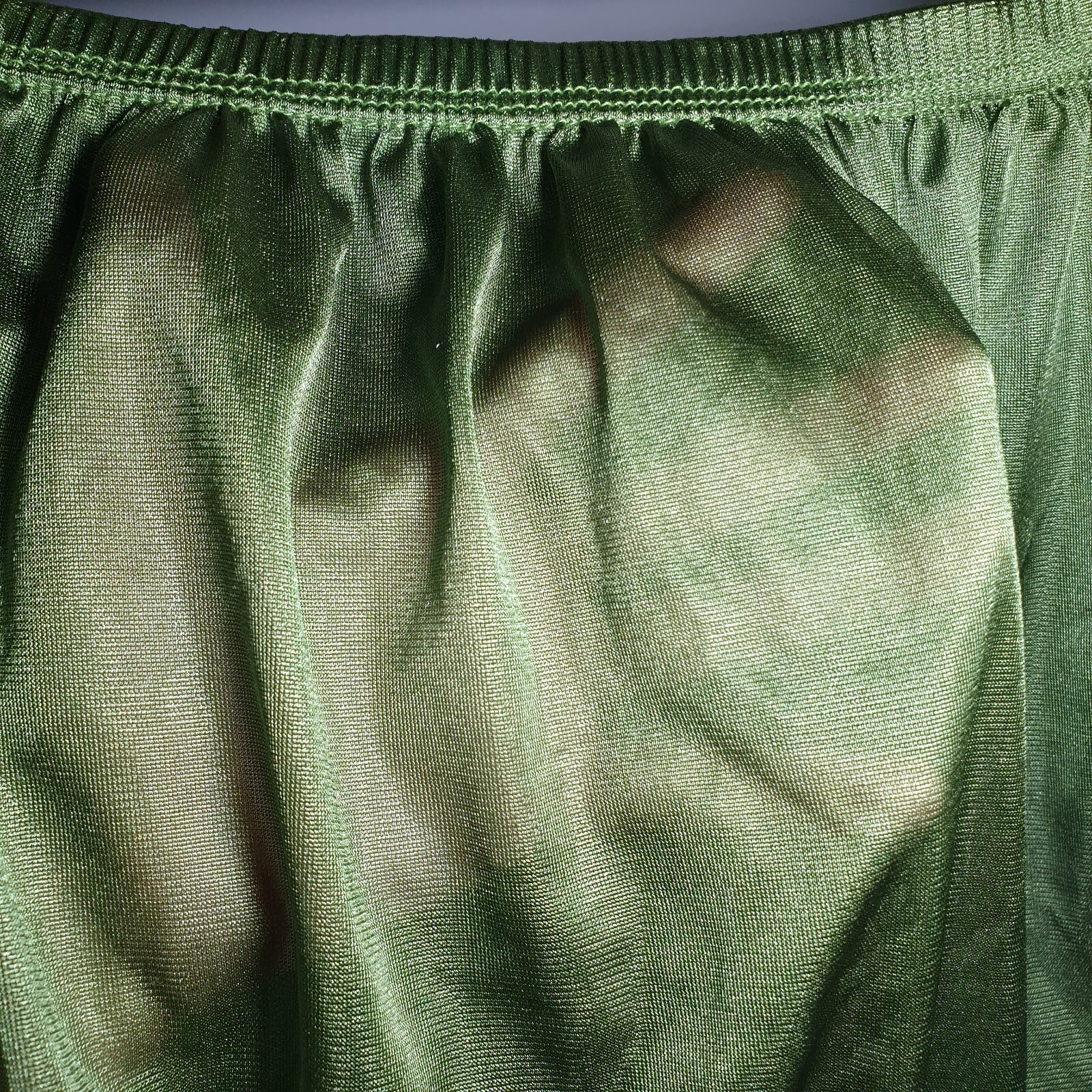VTG Silky Nylon Panty Olive Green Granny Double Gusset Brief Sz 10-11 Hip 48-52″