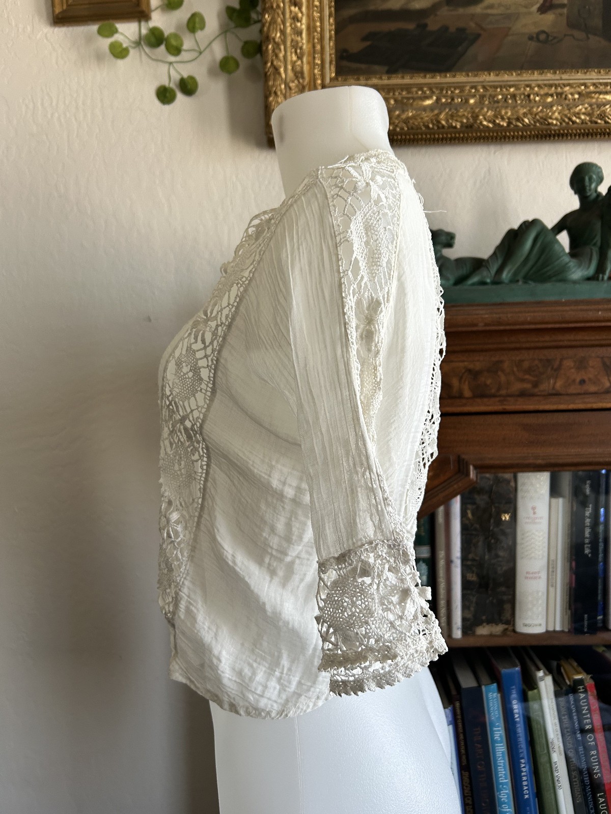 Antique Victorian Edwardian White Lace Gauze Blouse Crochet Insert Cottagecore S