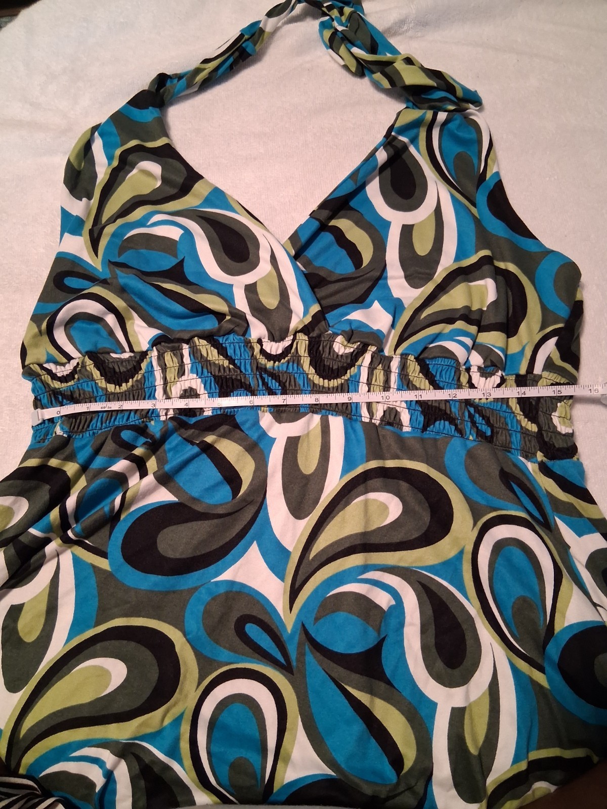 Vintage Vibe Y2K Teal Abstract Swirl Halter Top Midi Dress 2X Boho Smocked