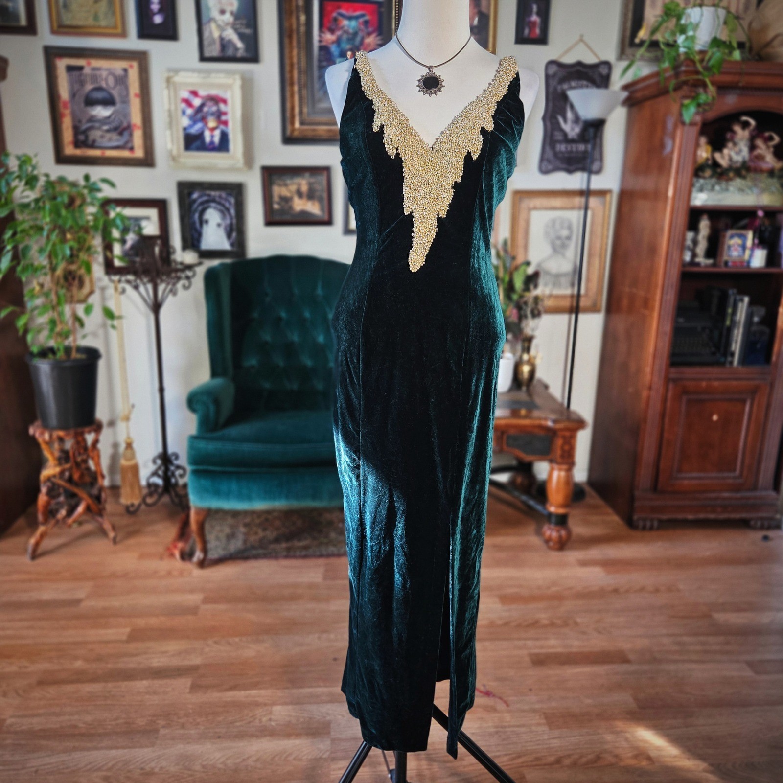 Speed Fashion Velvet Dress Vintage 90s Emerald Green Gold Beaded Maxi Gown USA