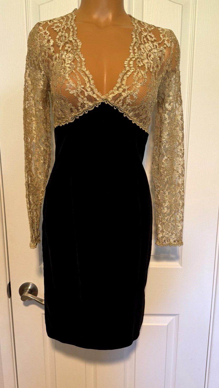 VTG 80’S SCOTT McCLINTOCK BLACK VELVET W/ METALLIC GOLD LACE DRESS SZ 4 (S)
