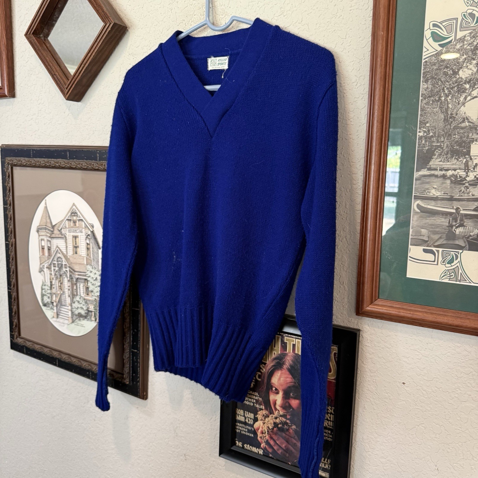 Vintage 50s/60s RARE Keller Sports OKC Blue Wool Cheer Knit Sweater Size Medium