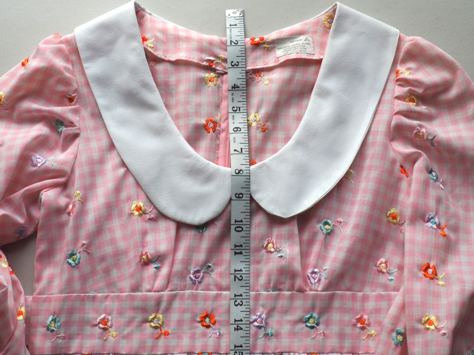 Vintage 70s Gingham Maxi Dress Empire Waist Gown Peter Pan Collar Pastel Kawaii