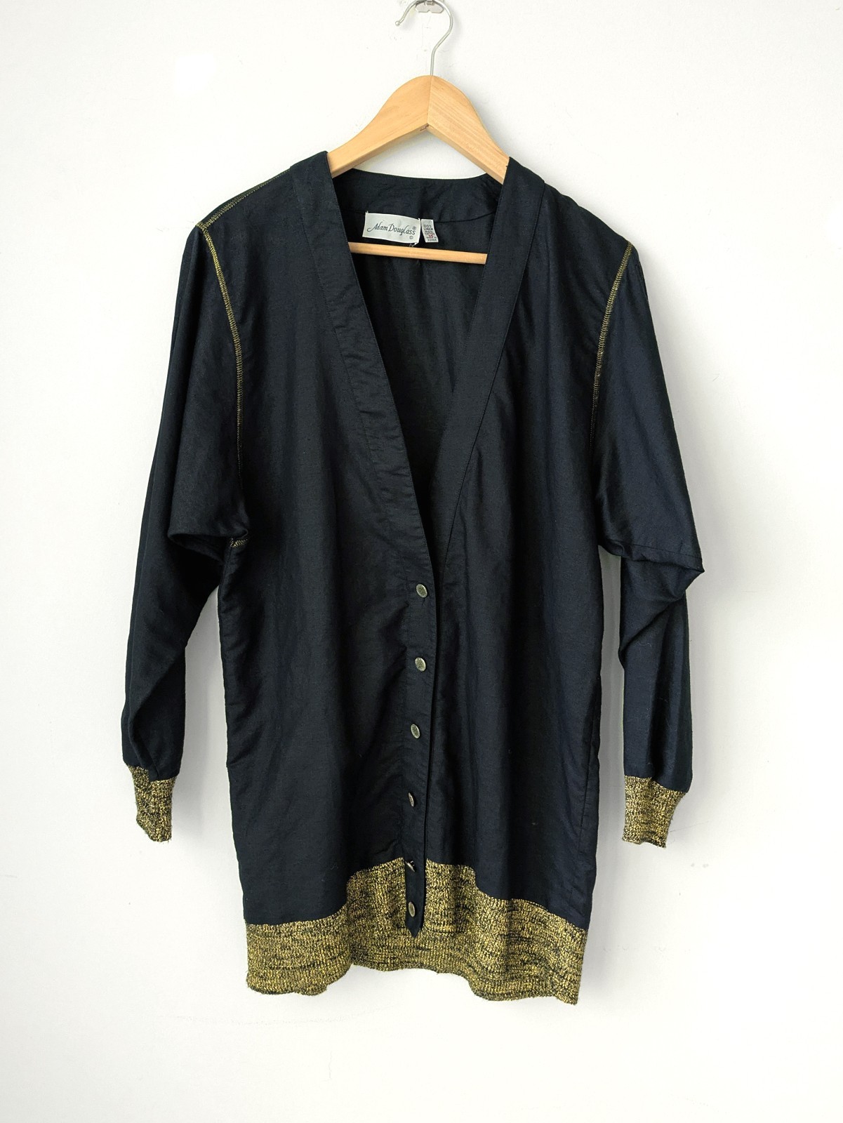 vtg 90s linen blend black & gold mid length cardigan jacket