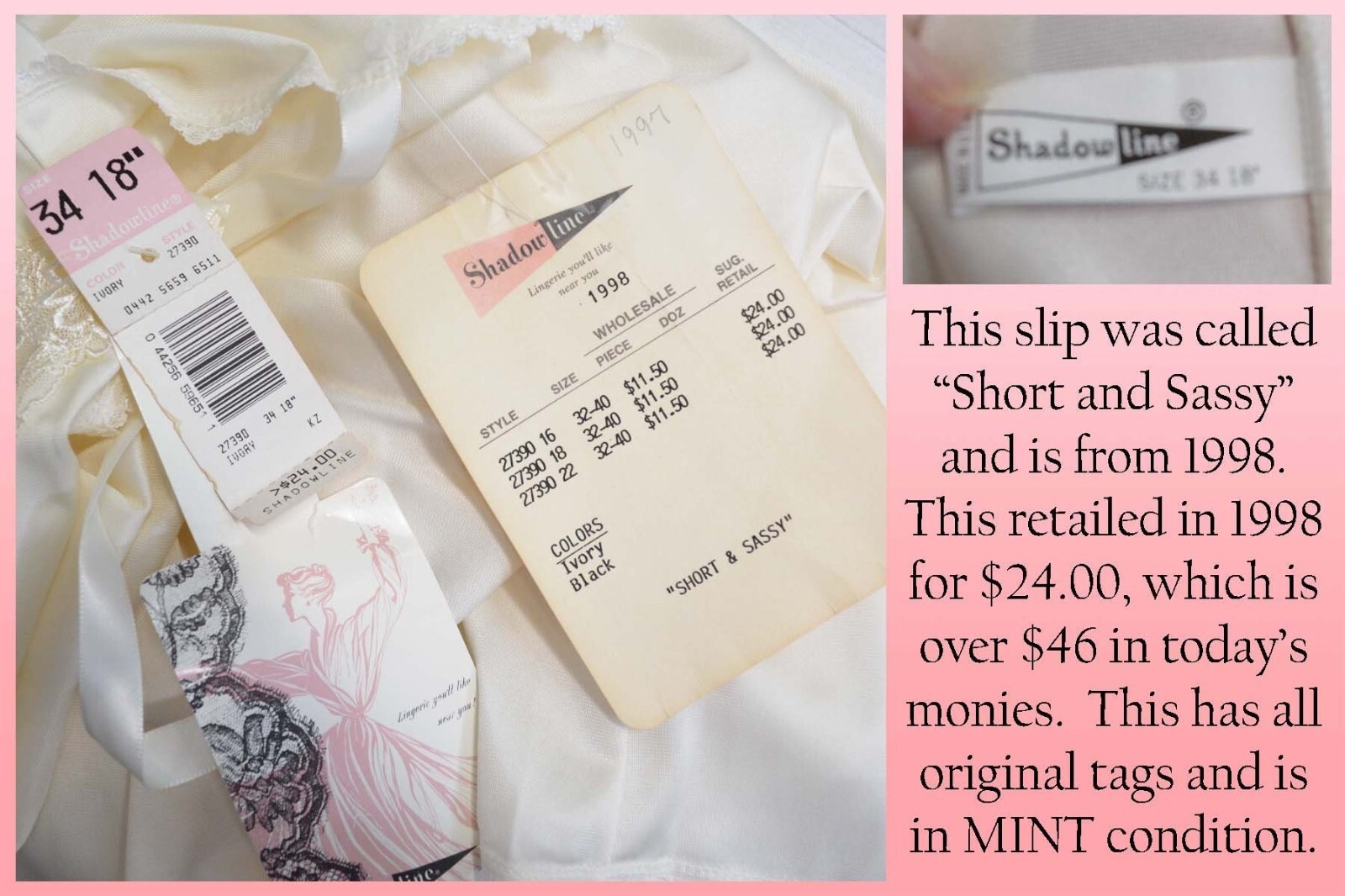 UNWORN Shadowline Ivory White Slip, NOS w/Original Tags, Bodice Lace VTG 90’s