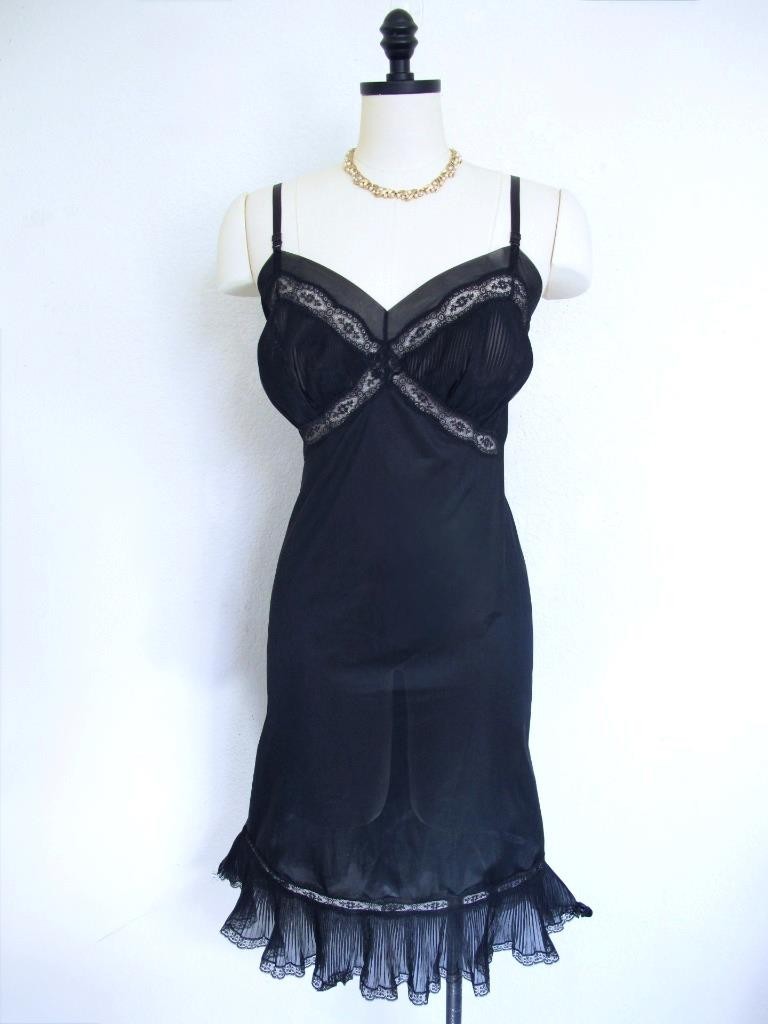 Vintage Youth Form Black Nylon Opaque Full Slip 36 Chiffon Crystal Pleats Ruffle