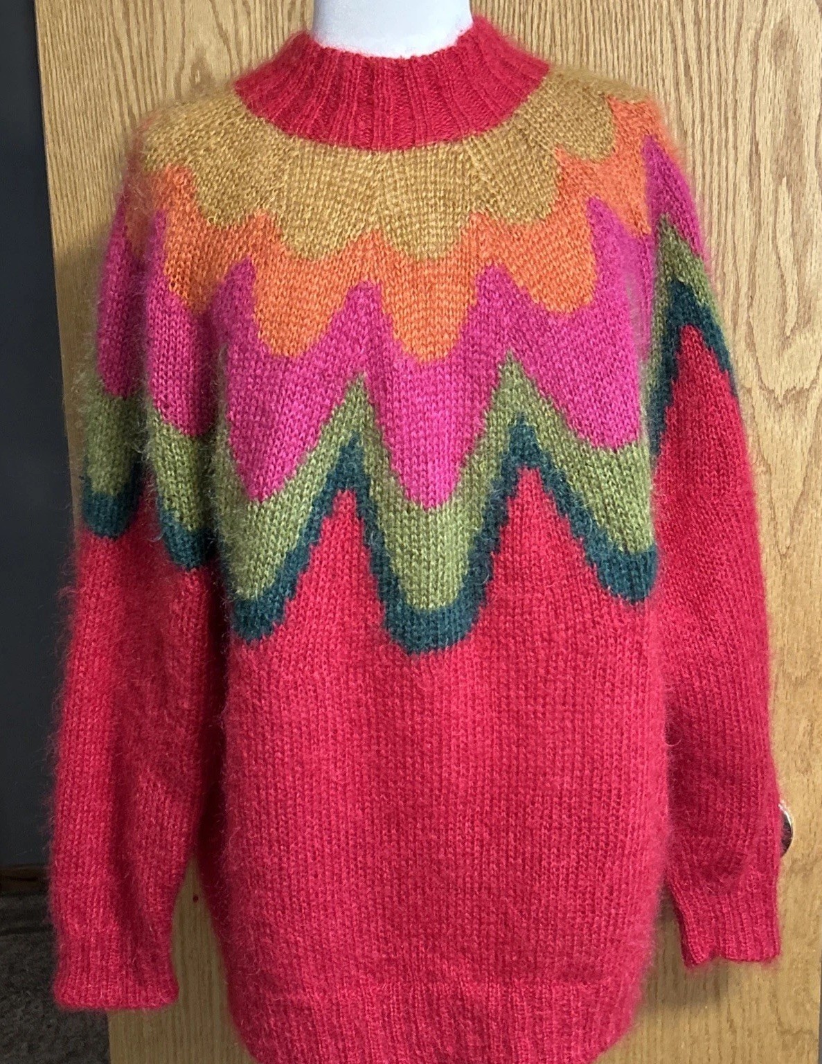 1980’S SWEATER MAURICE SASSON KIKIT RED MOHAIR MOCK TURTLENECK MEDIUM ZIG ZAG