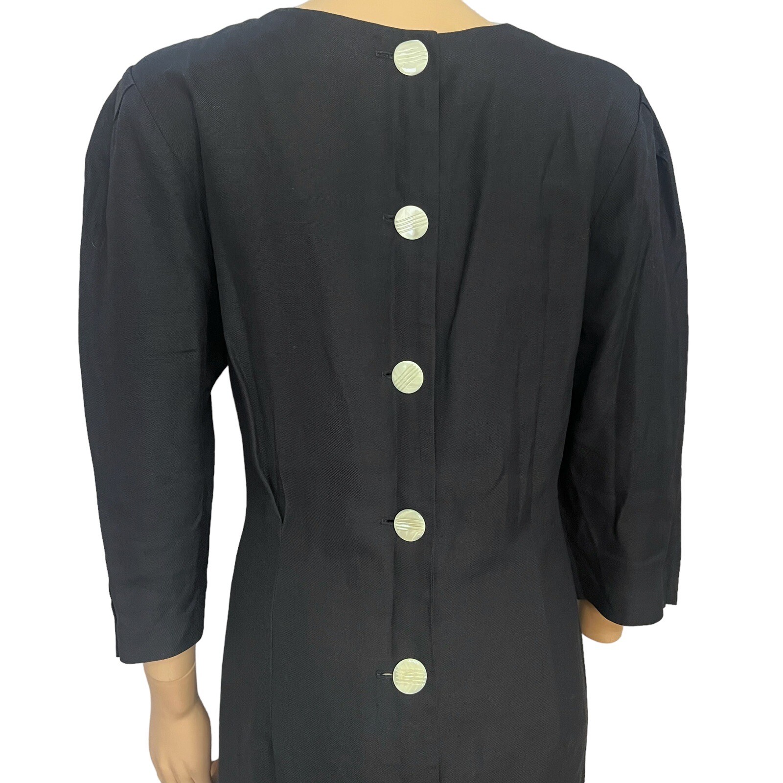 80s Vintage Kathryn Dianos Linen Sheath Dress Pleated Puff Sleeve Medium