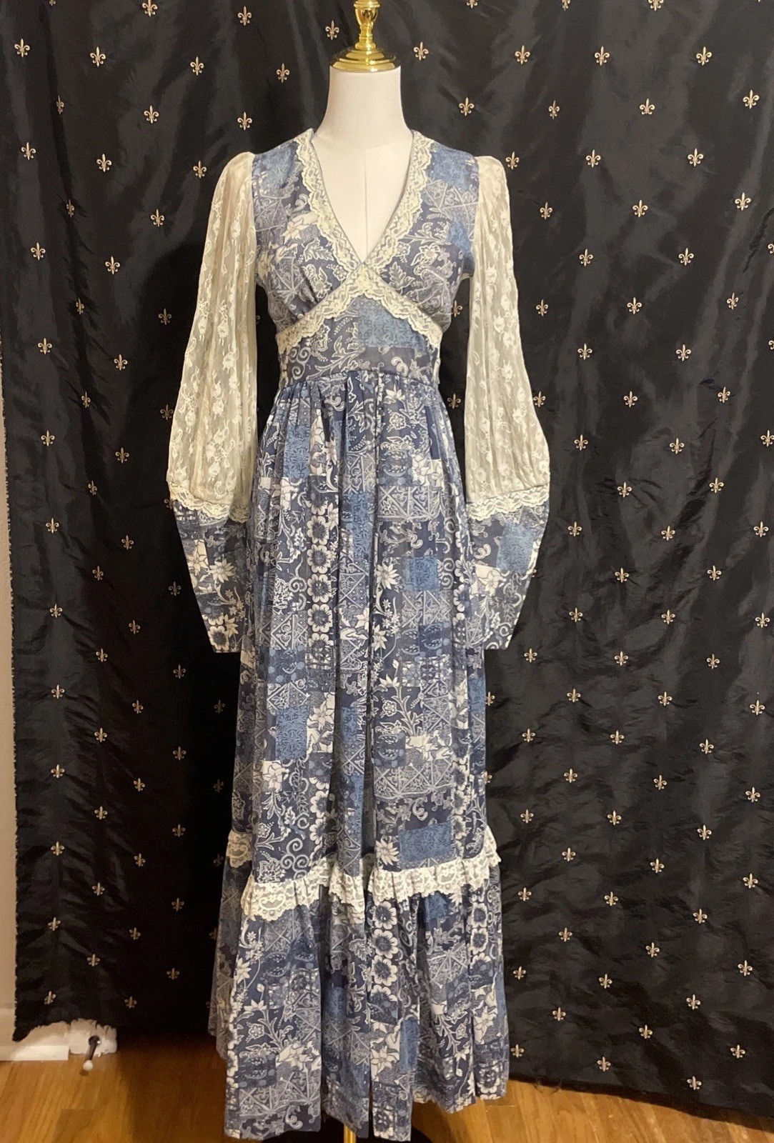 1970’s Gunne Sax Prairie Maxi Patchwork With Lace Size 7 Small/extra Small