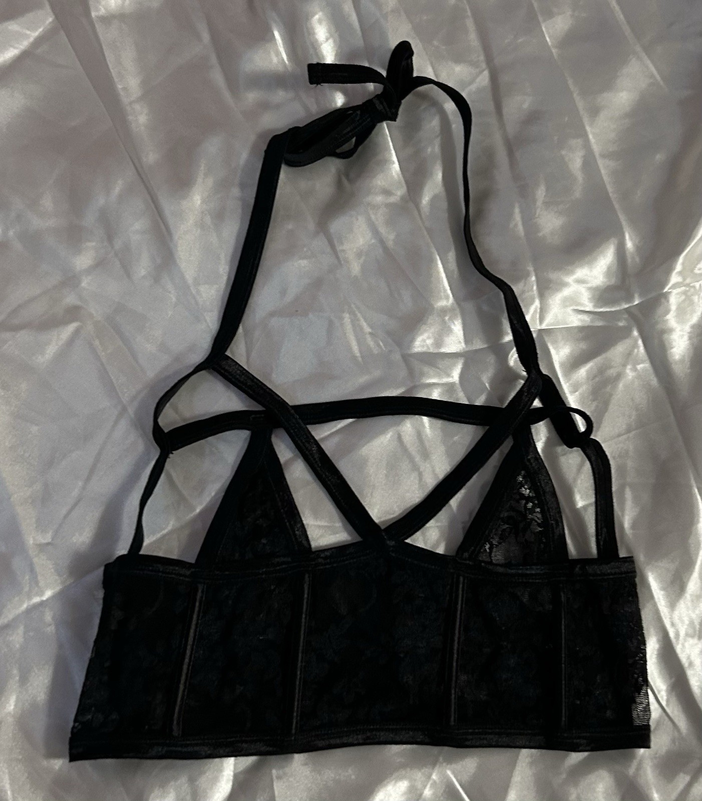 Black Sheer Lace Underwire Boned Tie Around Neck Bra Brassiere Bustier