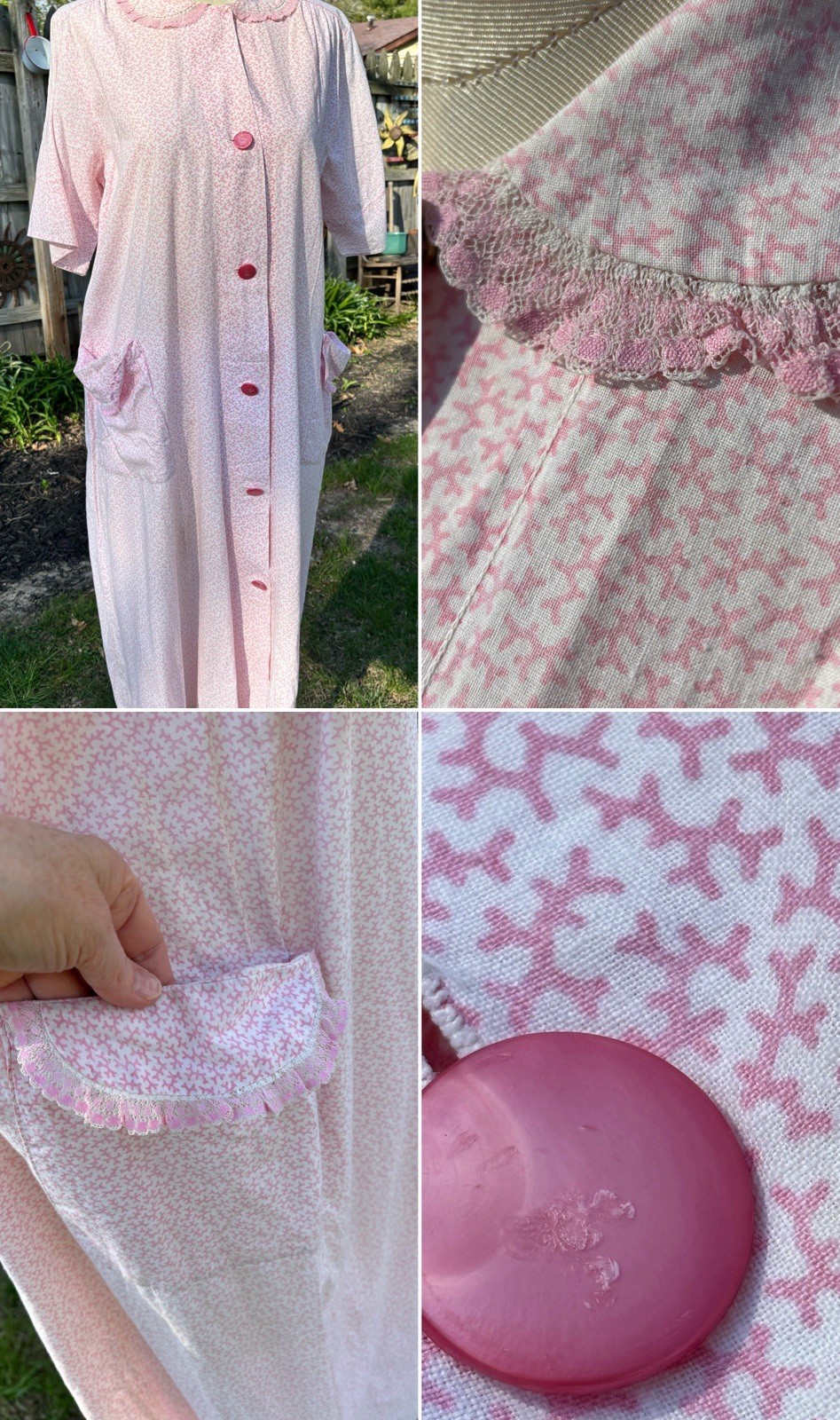 VTG 1950s House Dress Wife Pink COTTON Button Pocket Lace XL 42x42x48 43″Long