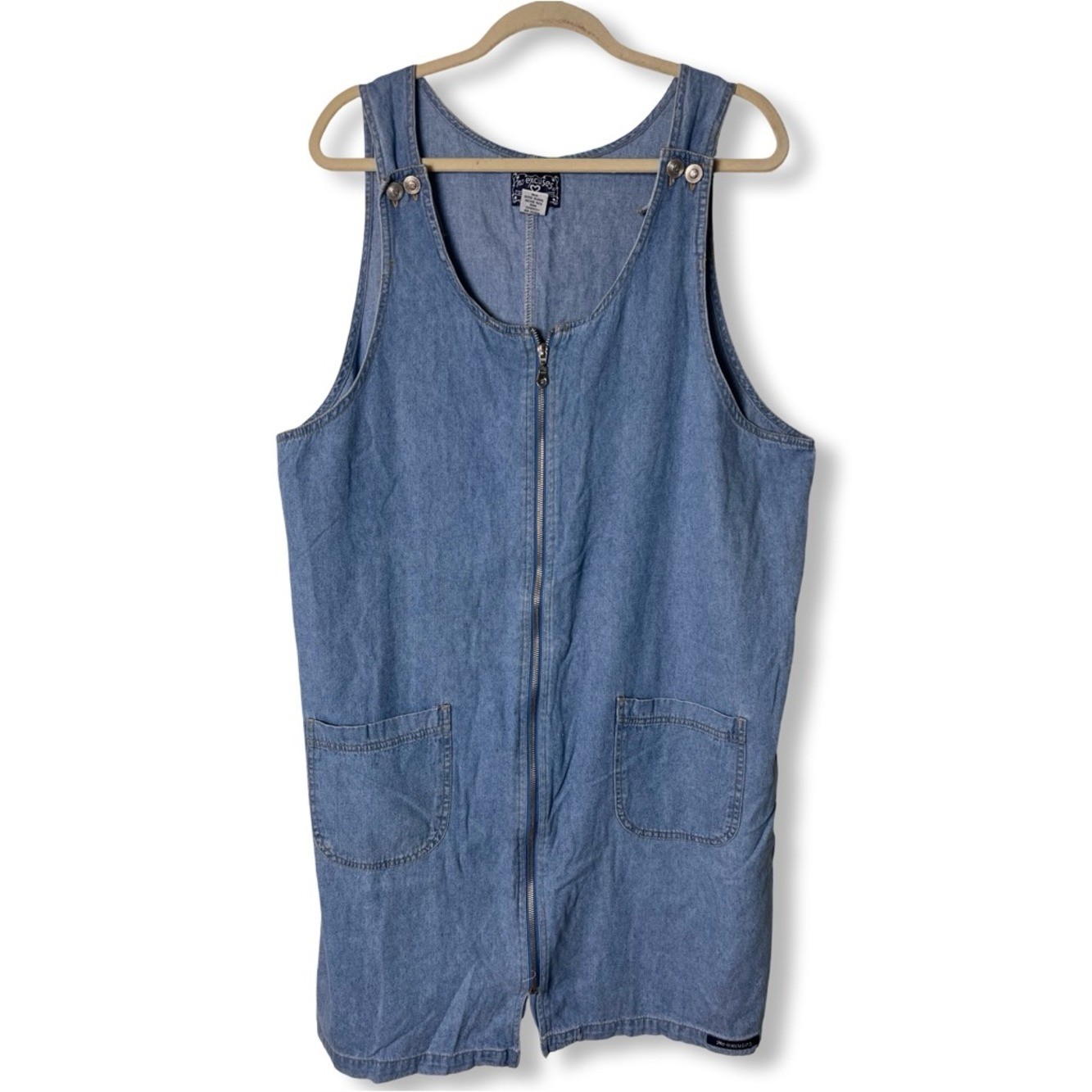 VTG 90s No Excuses Denim Zip Front Jumper Dress Pinafore Light Wash Sz. 2X