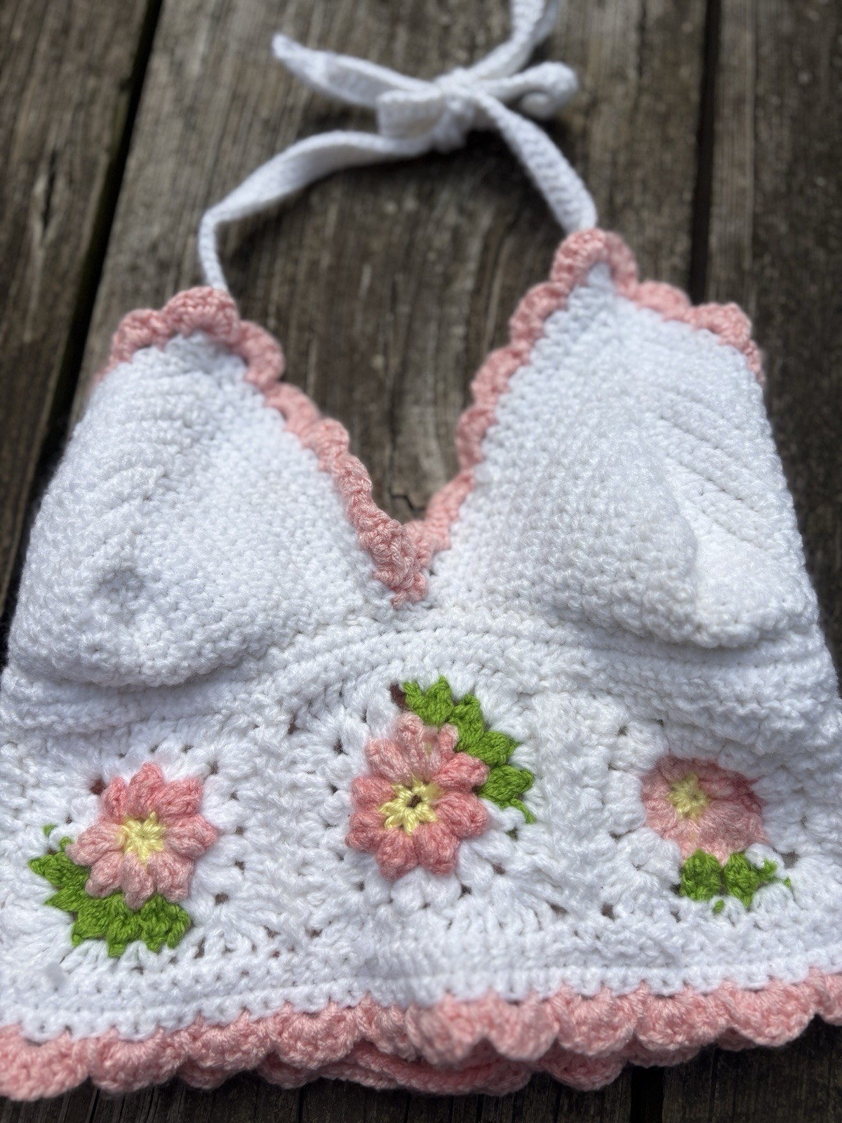 Halter Bra Top sm/xs VTG 1970s Afghan Crochet Granny Squares Hippie Festival