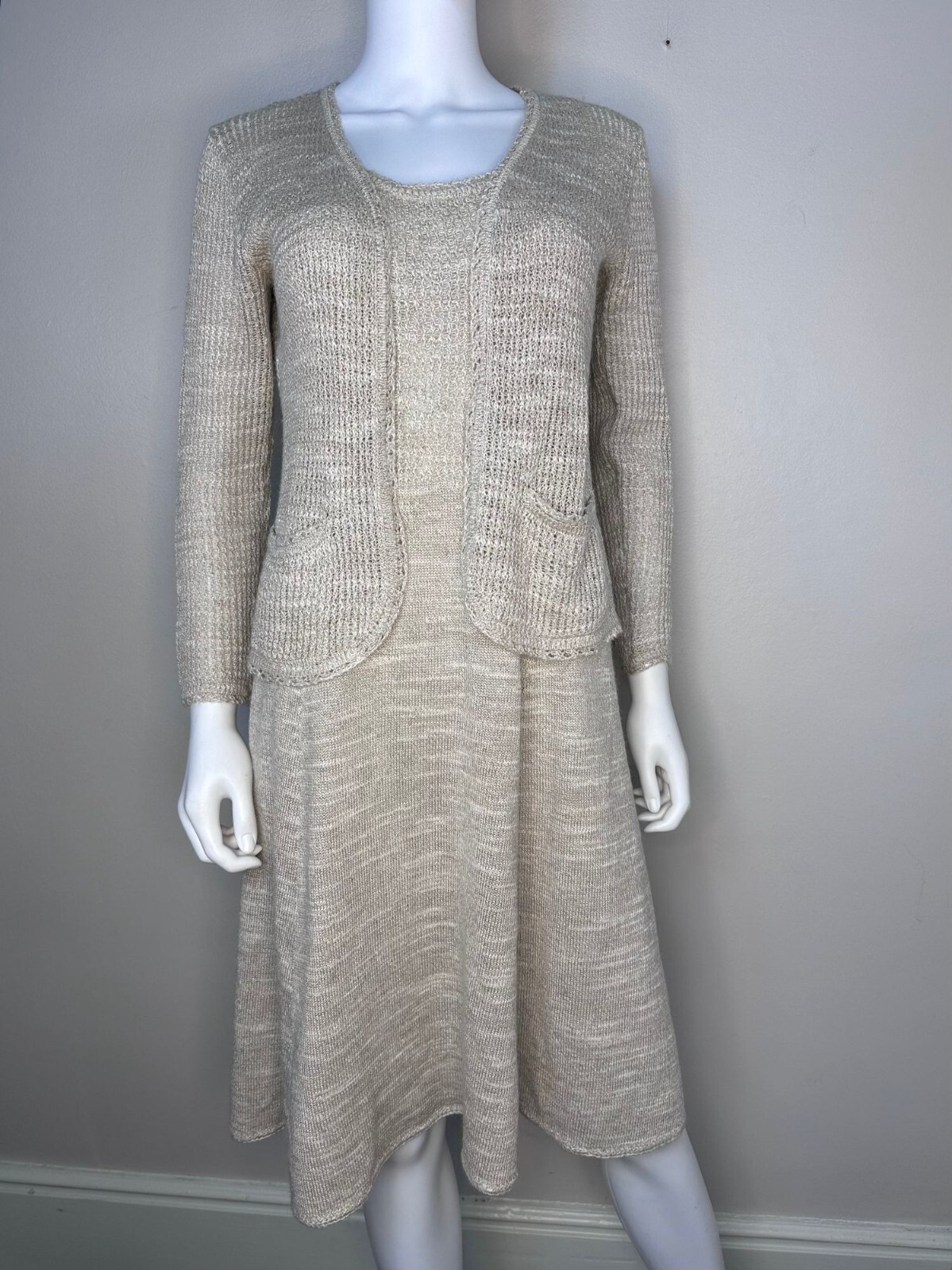 Vtg 1970s Beige Knit Sleeveless Dress Cardigan St John Knits by Marie Gray 70s