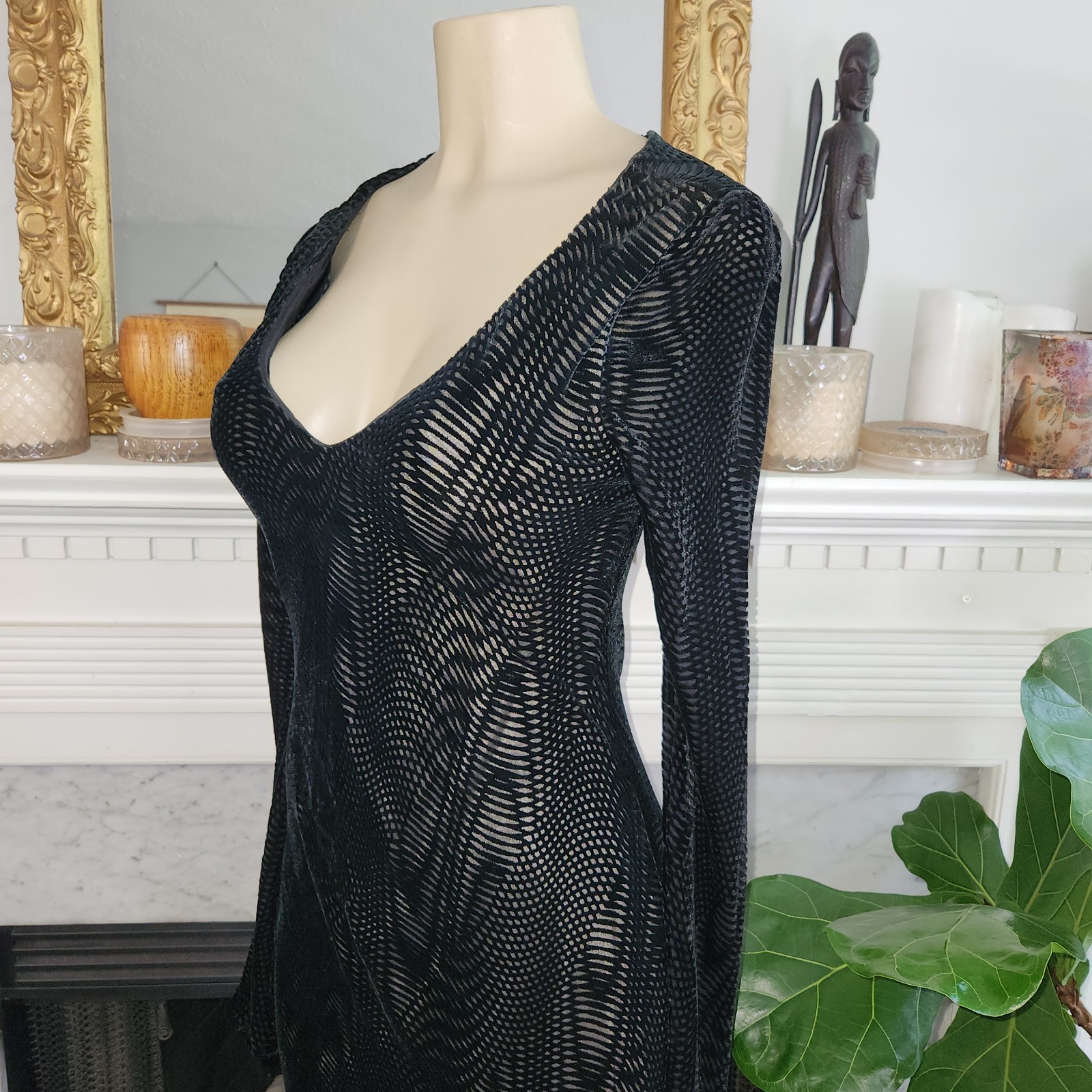 90s Helen David Devoré Velvet Burnout Black Maxi Dress Sz 8 Goth Dark Romantic