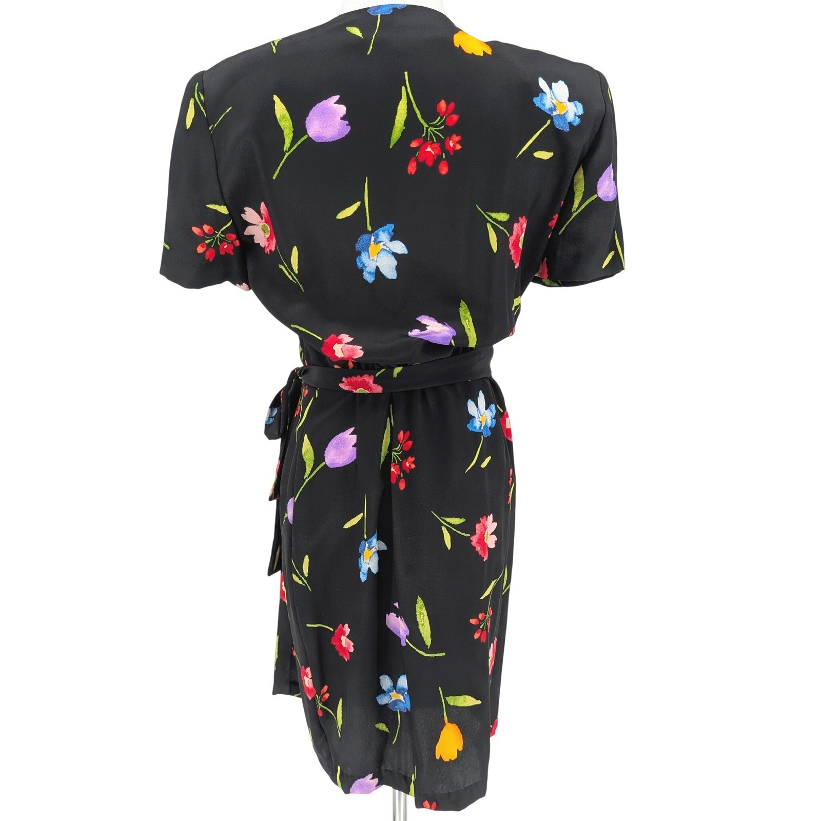 VTG Maggy London Silk Wrap Dress 4 Black Floral Botanical Parisian Chic Retro