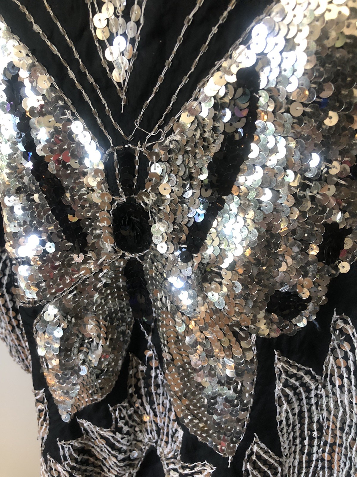 Vintage 1970’s-1980’s Silver And Black Sequin Butterfly Pullover Poncho Capelet
